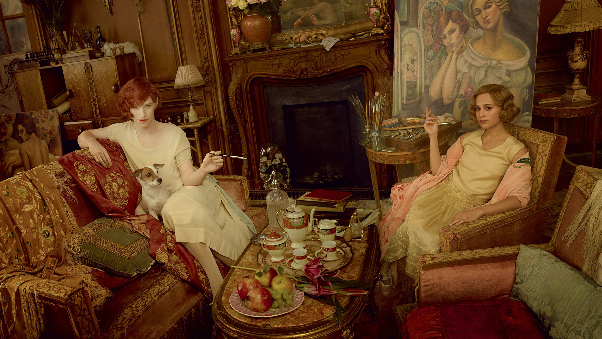 Two women and a dog in a lavish room HD Wallpaper