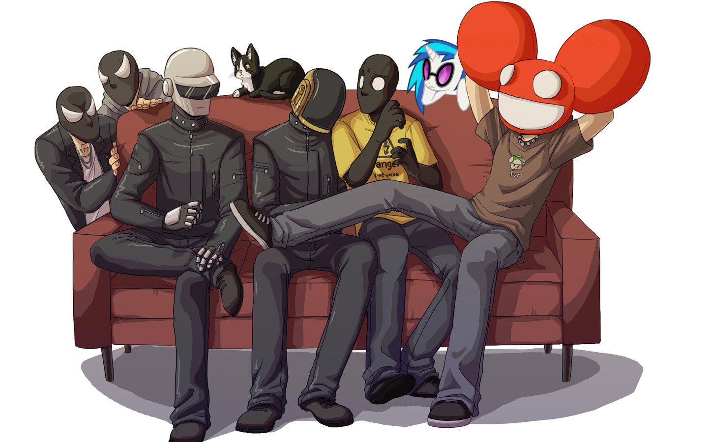 Daft Punk, Deadmau5, and friends on a couch HD Wallpaper
