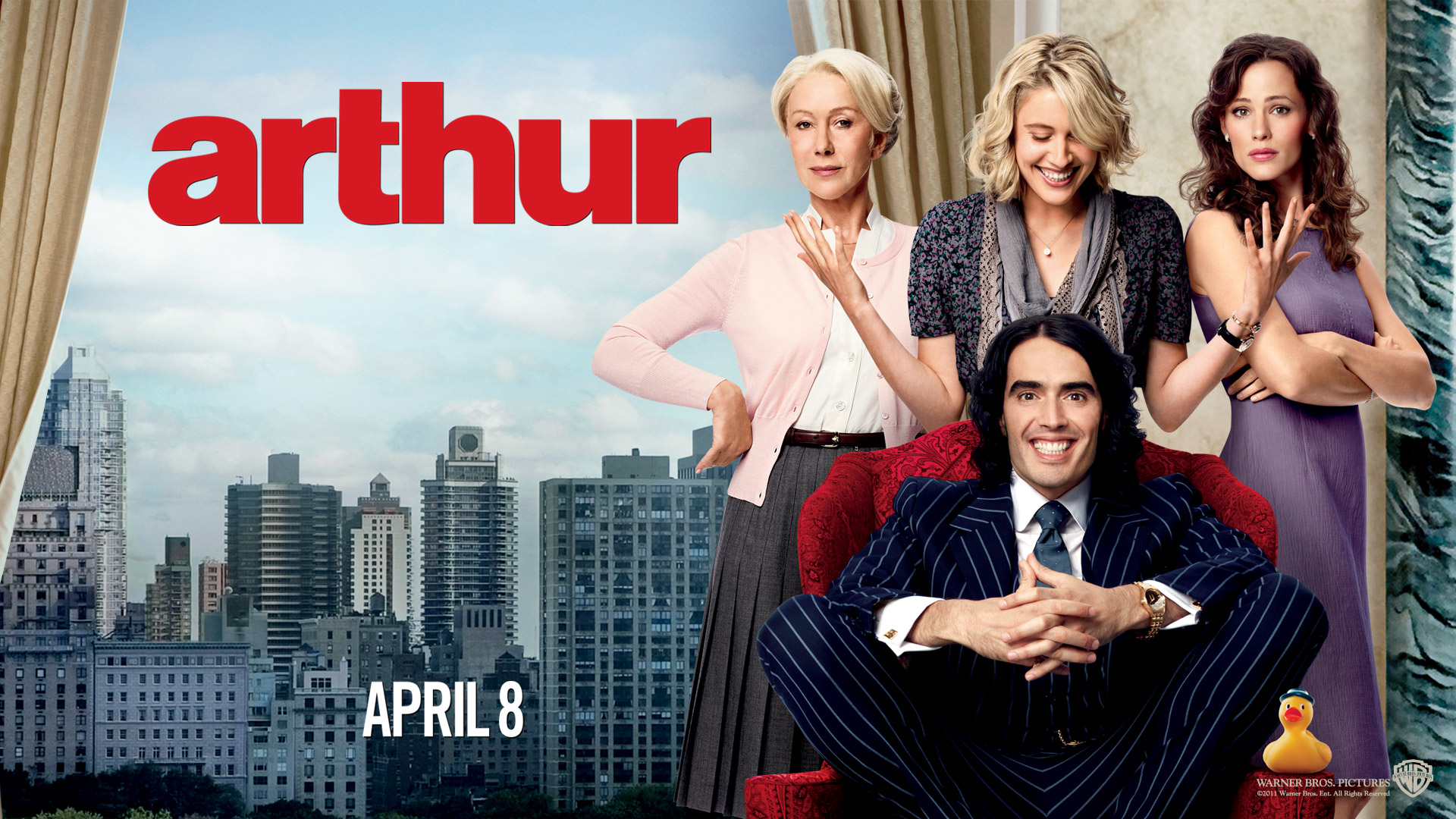 Arthur movie poster with Russell Brand, Helen Mirren, Greta Gerwig, Jennifer Garner HD Wallpaper
