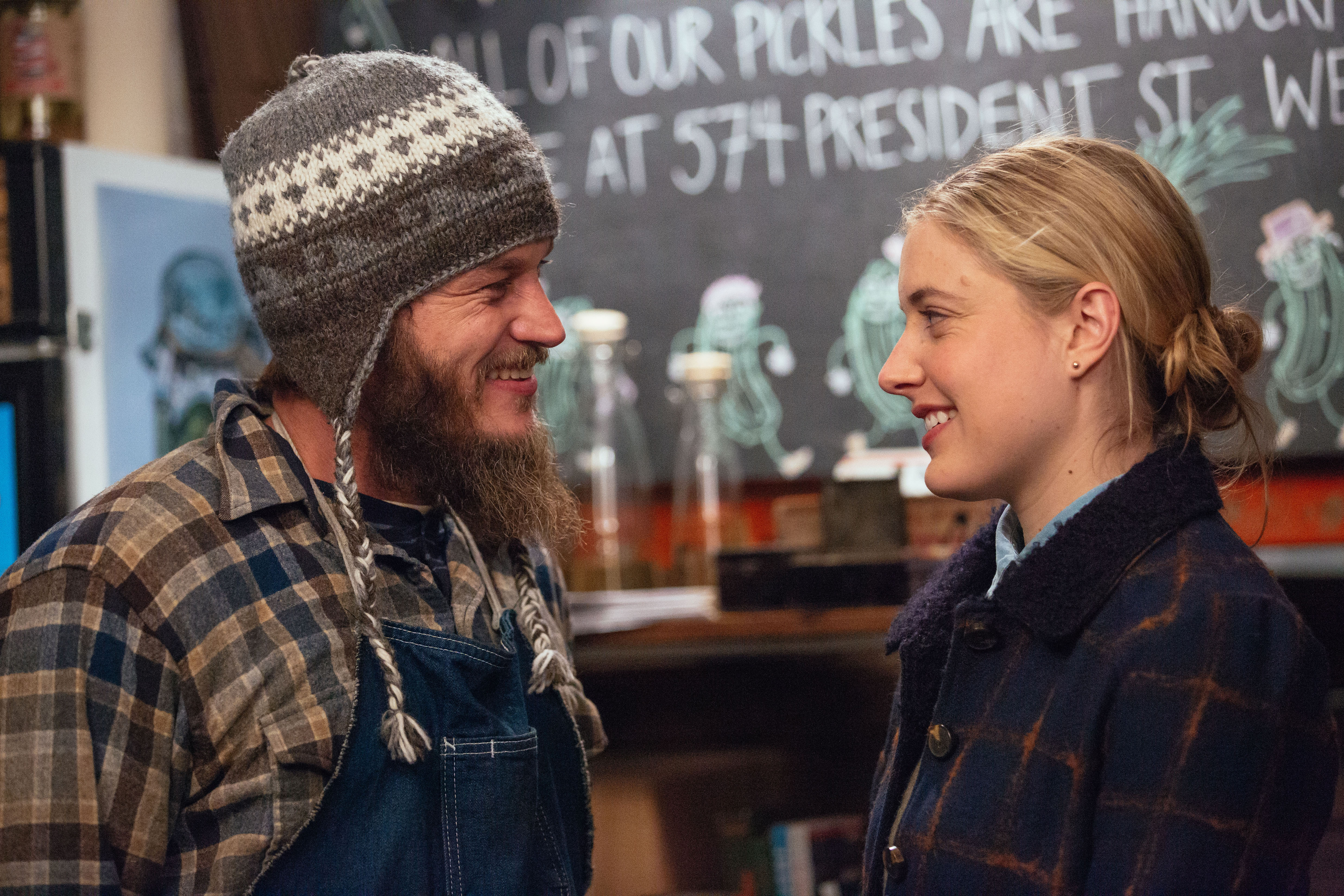 Greta Gerwig and Travis Fimmel in a store HD Wallpaper