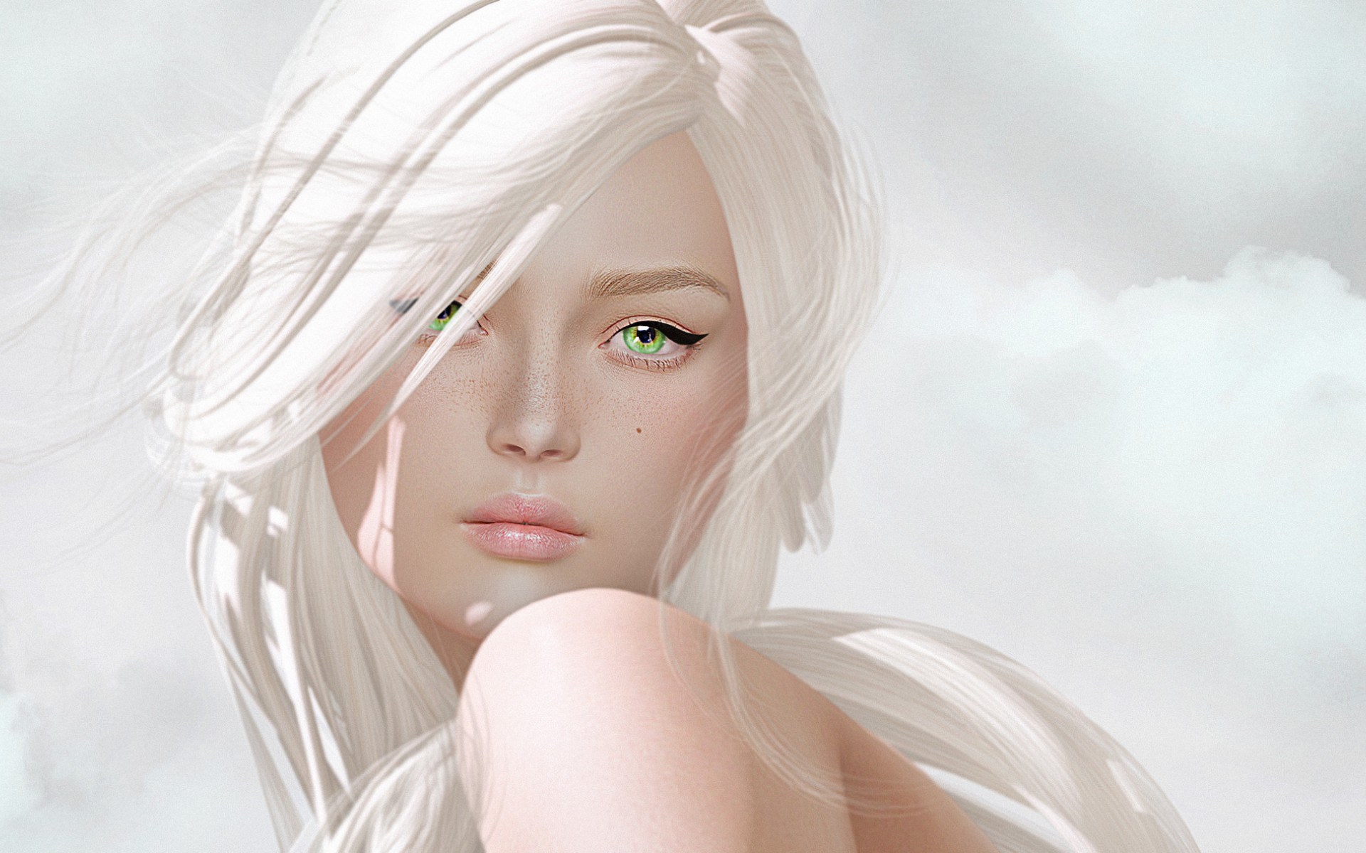Woman with white hair and green eyes HD Wallpaper