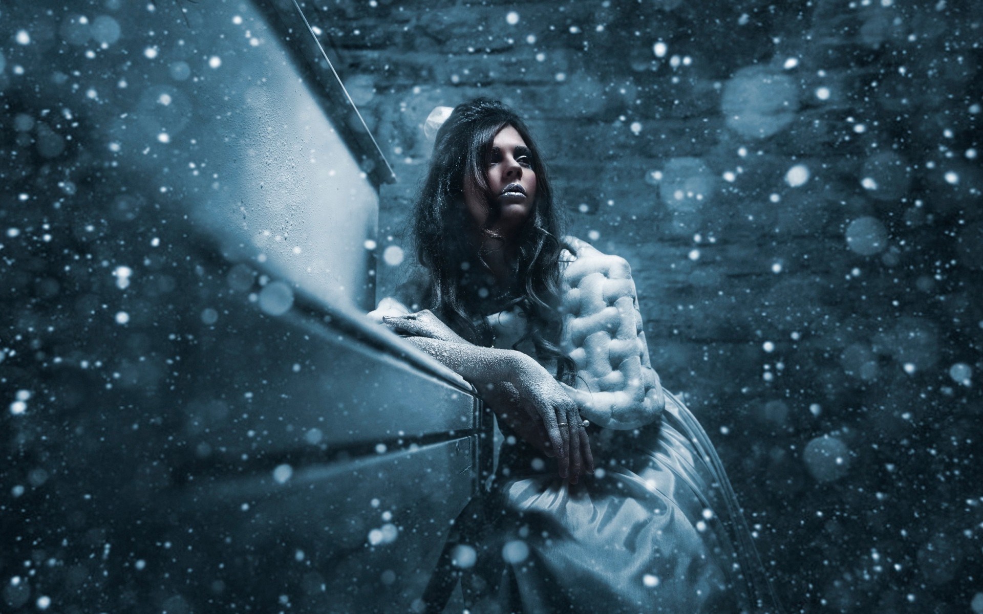 Woman in white dress in falling snow HD Wallpaper