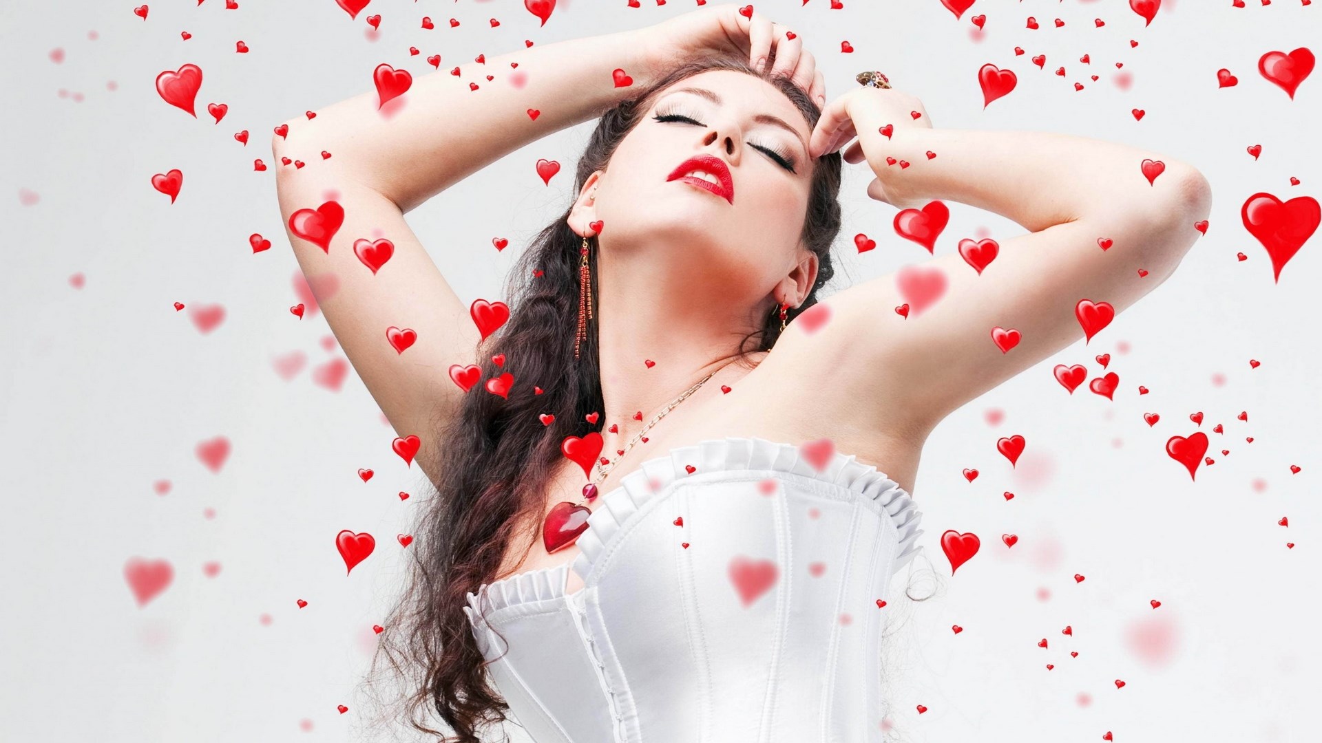 Woman in white corset surrounded by hearts HD Wallpaper