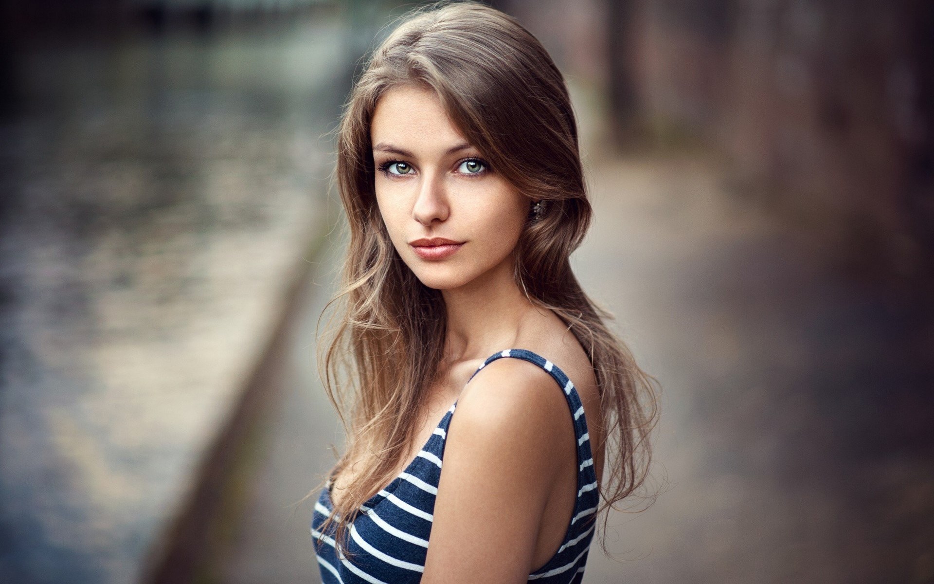 Woman with blue and white striped top HD Wallpaper