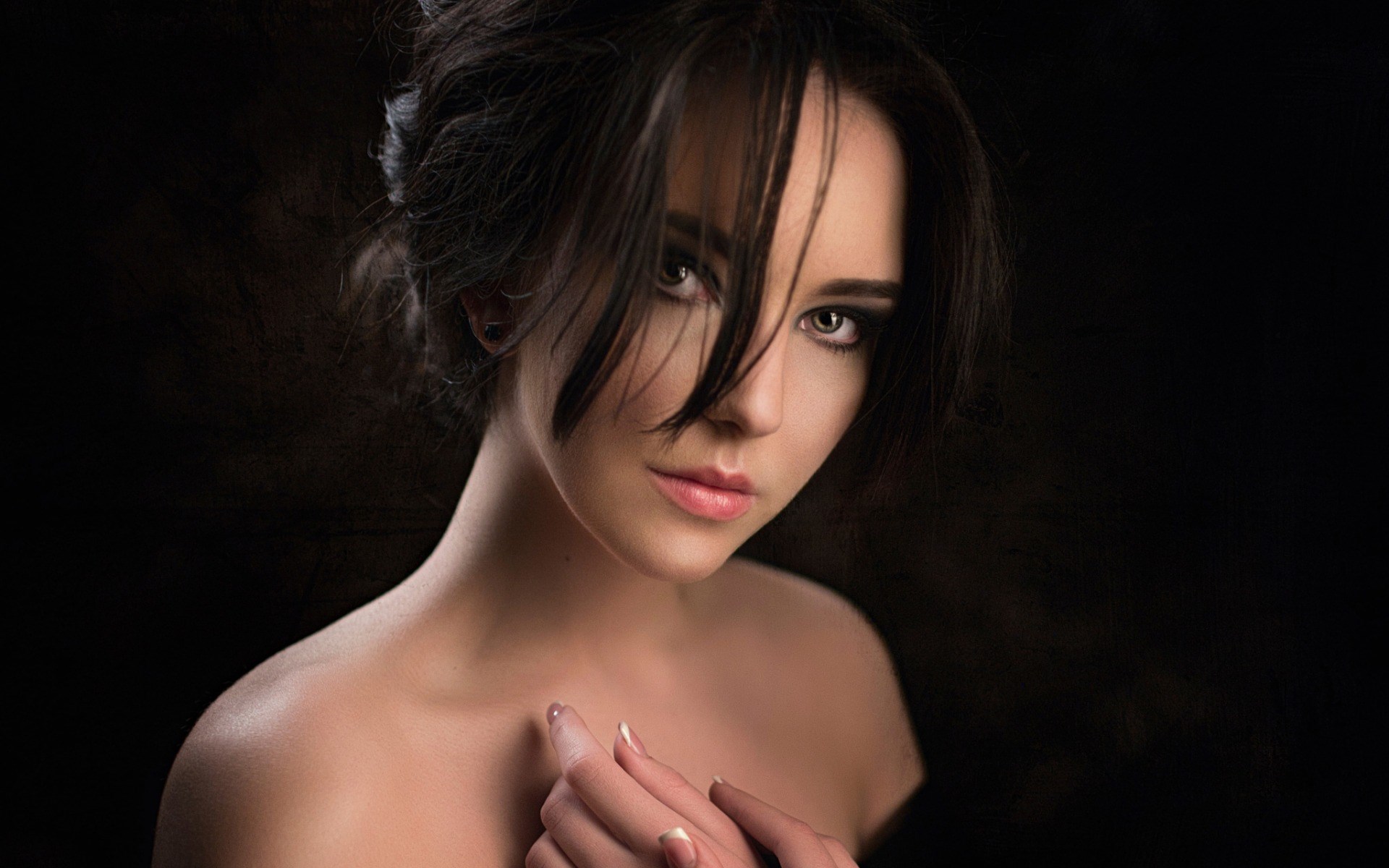 Woman with dark hair and makeup HD Wallpaper