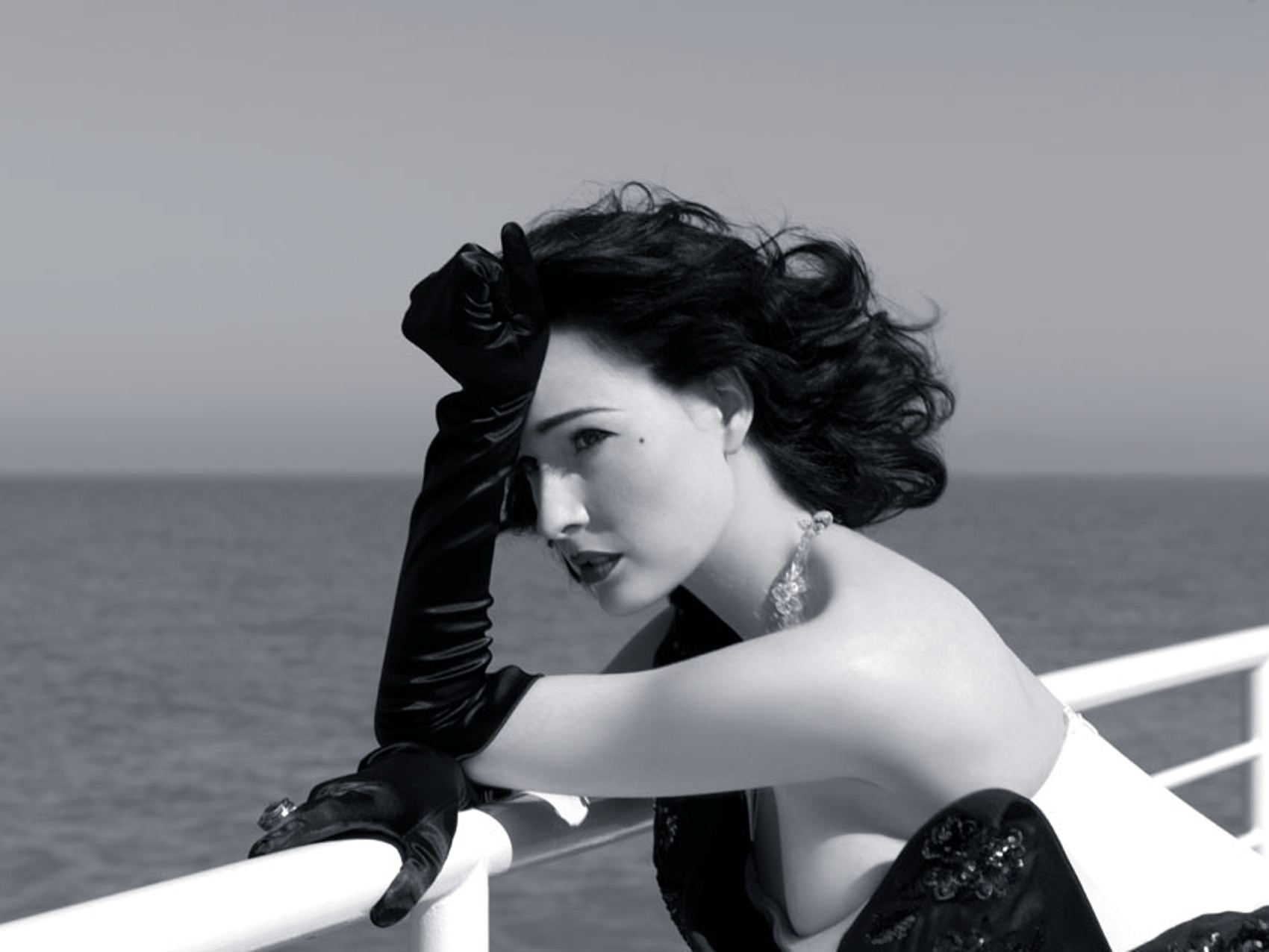 Dita Von Teese on a ship deck HD Wallpaper