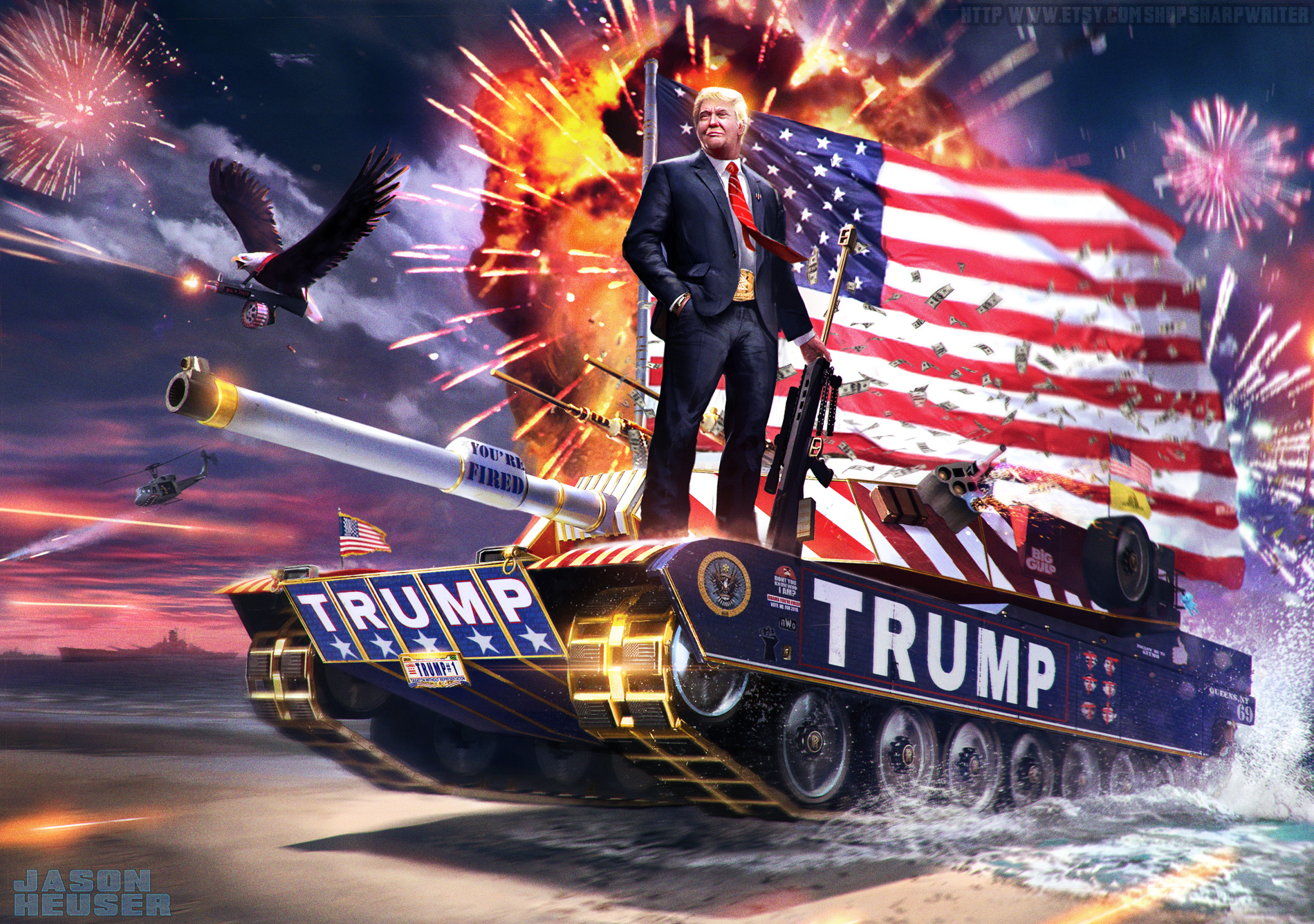 Donald Trump on a tank with American flag HD Wallpaper