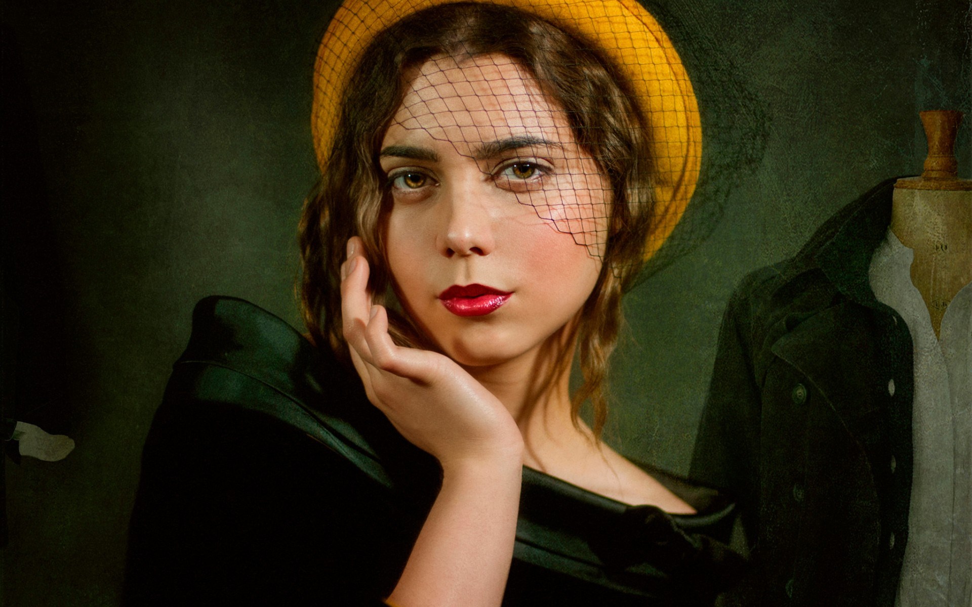 Woman in yellow hat and veil HD Wallpaper
