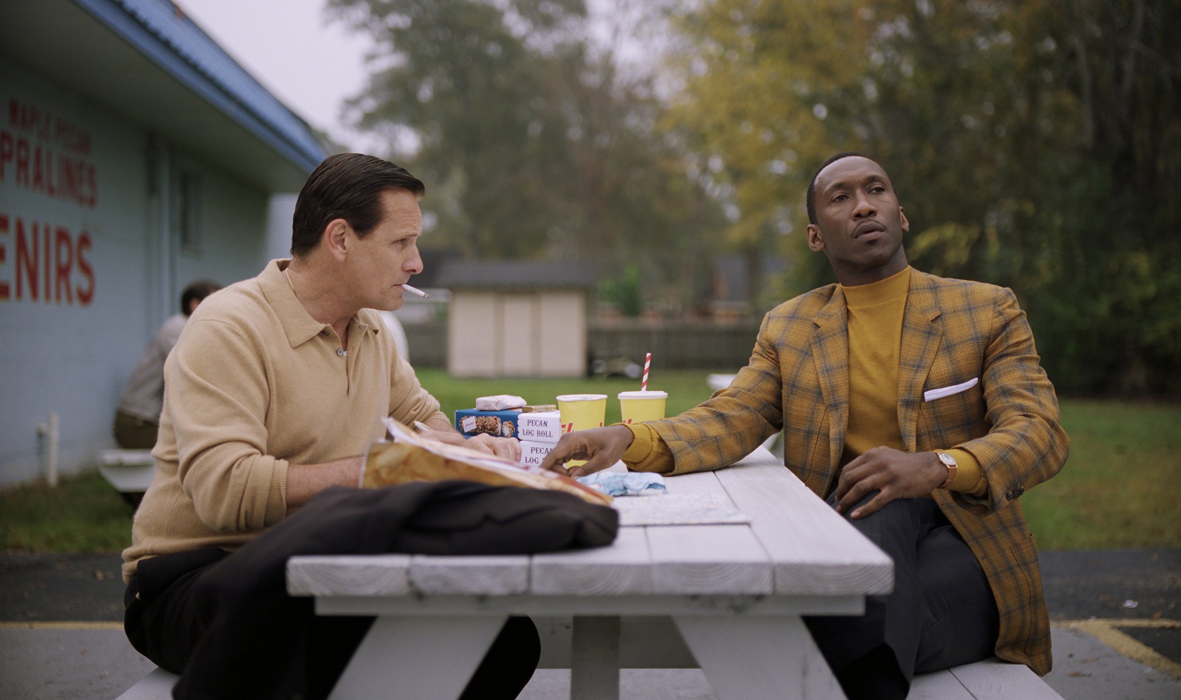 Viggo Mortensen and Mahershala Ali at a picnic table HD Wallpaper