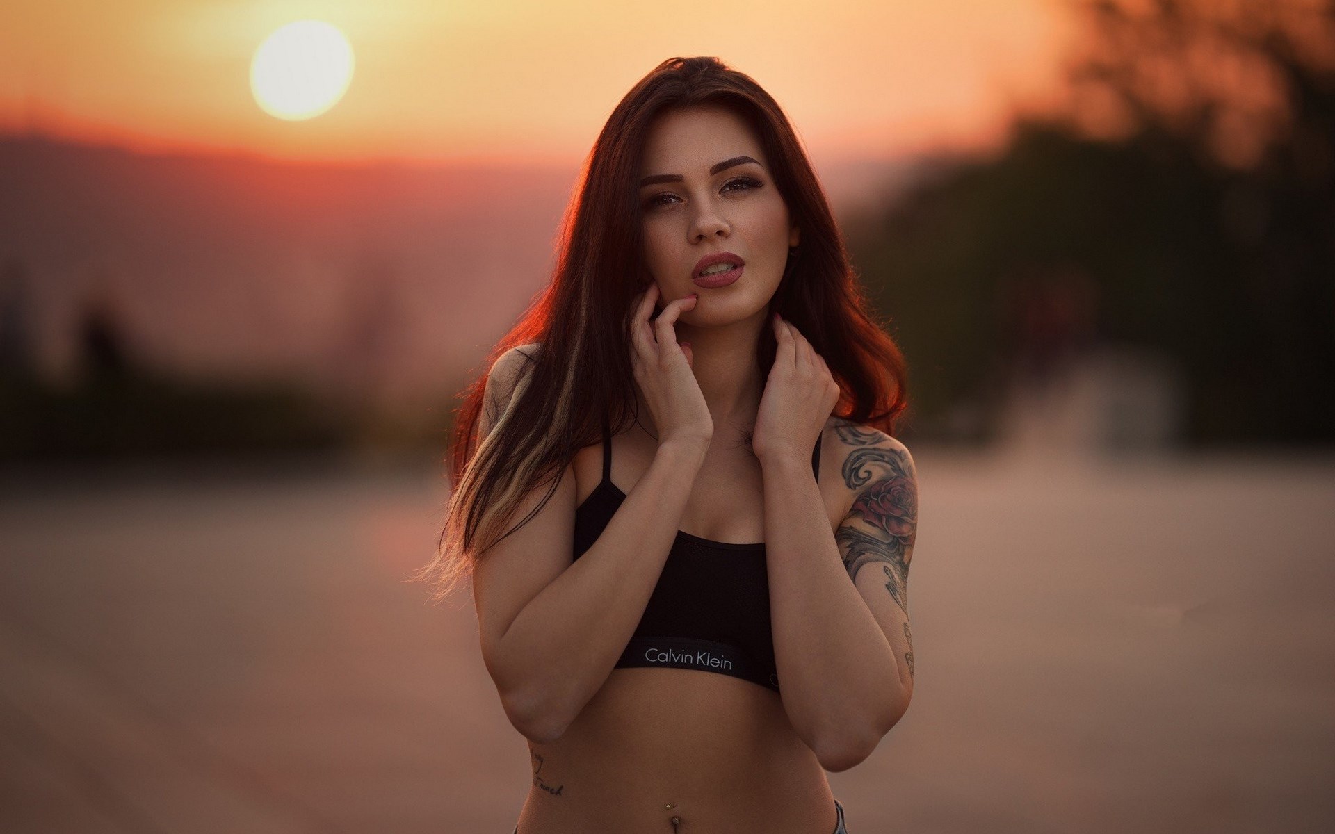 Woman with tattoos at sunset HD Wallpaper