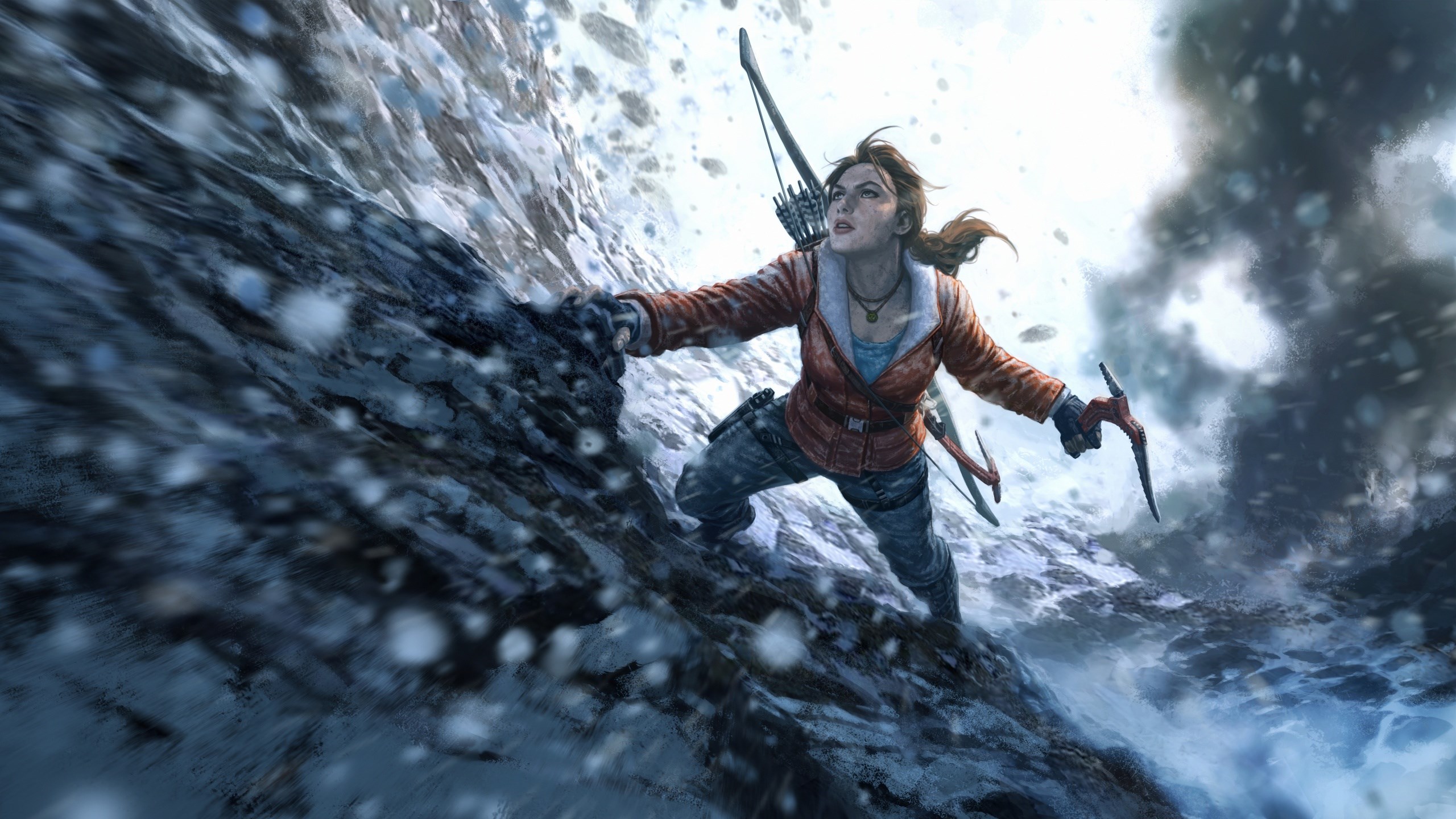 Lara Croft climbing a snowy mountain HD Wallpaper