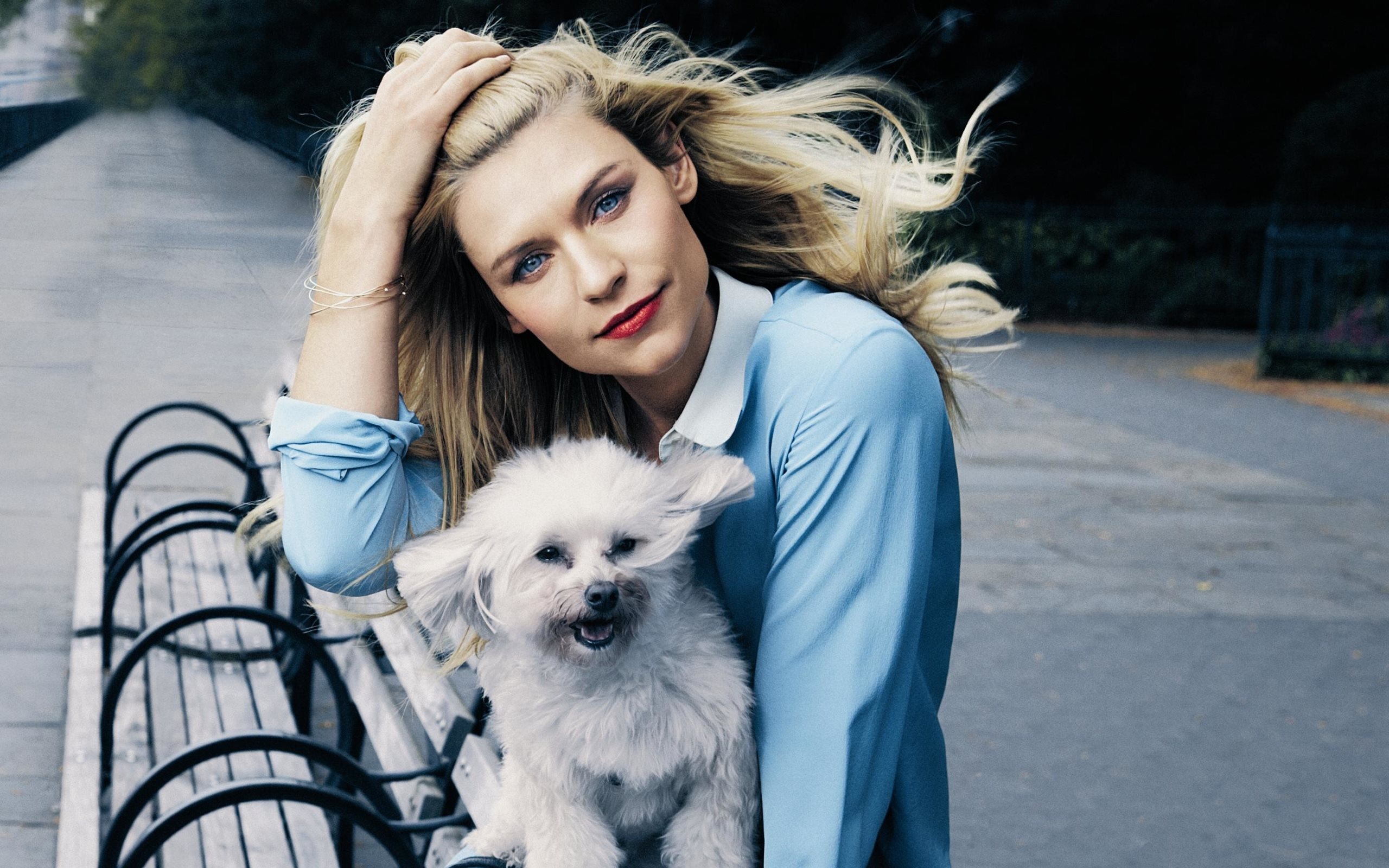 Claire Danes with a small white dog HD Wallpaper