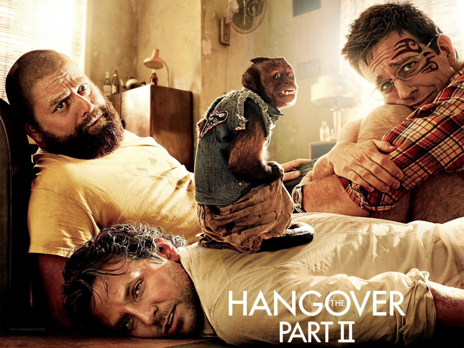 The Hangover Part II poster with Zach Galifianakis, Ed Helms, Bradley Cooper, and a monkey HD Wallpaper