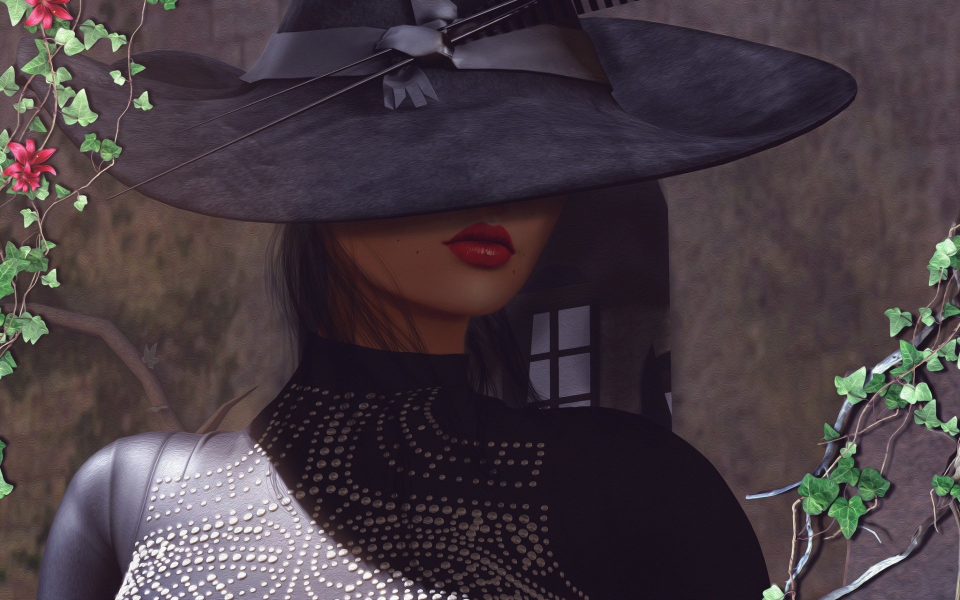 Woman in a wide-brimmed hat with red lips HD Wallpaper