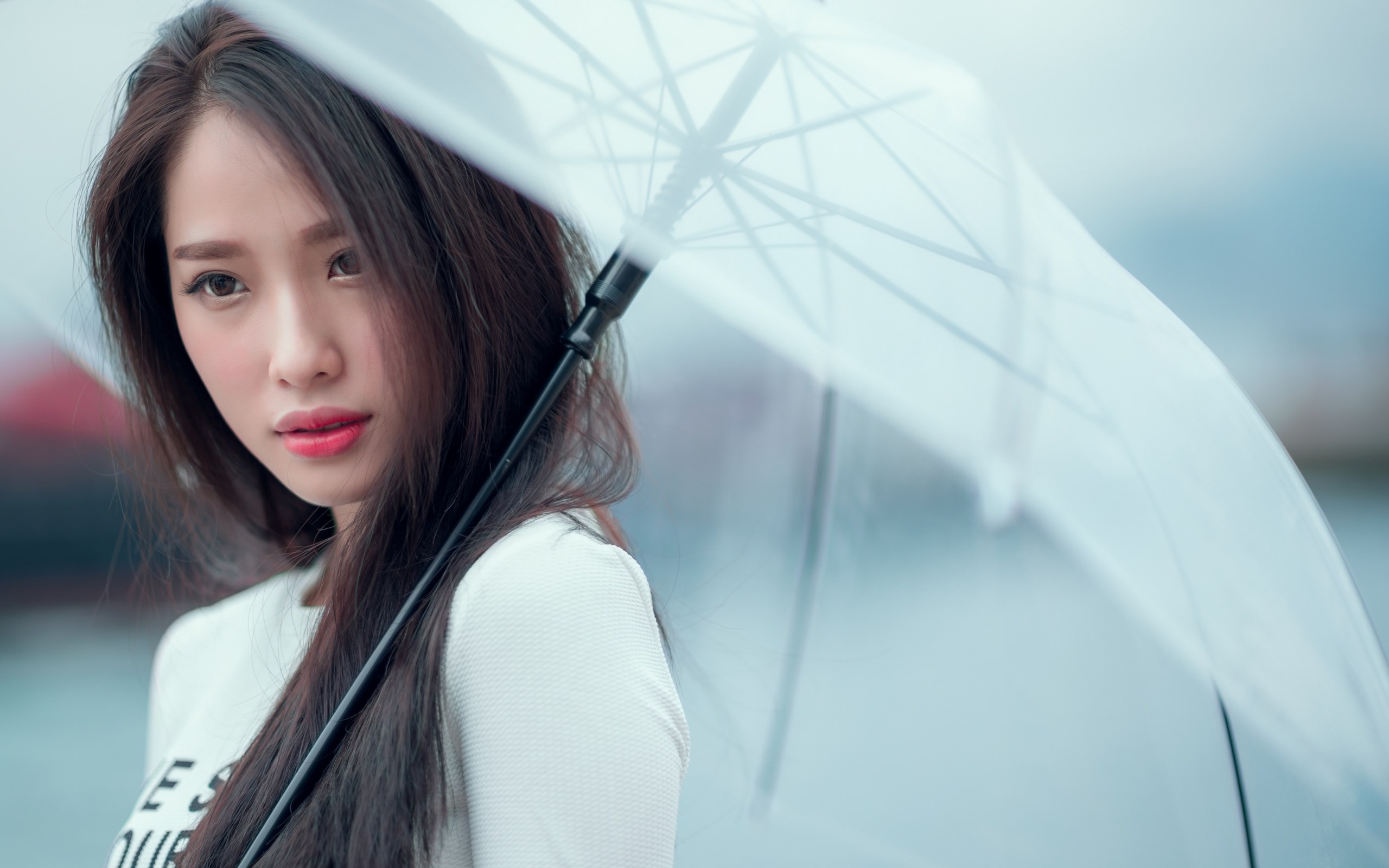 Woman holding a transparent umbrella HD Wallpaper