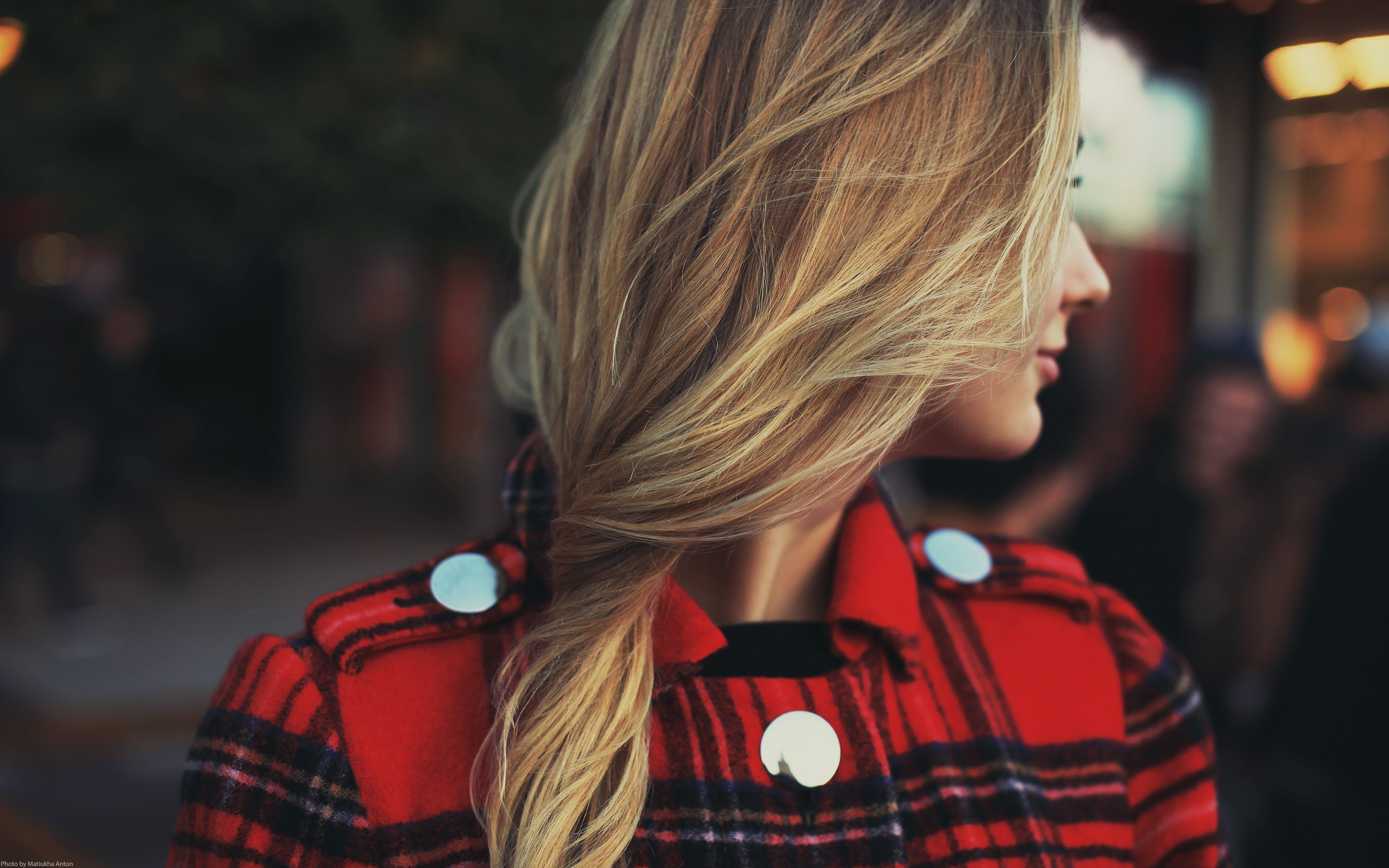 Woman with blonde braid wearing red plaid coat HD Wallpaper