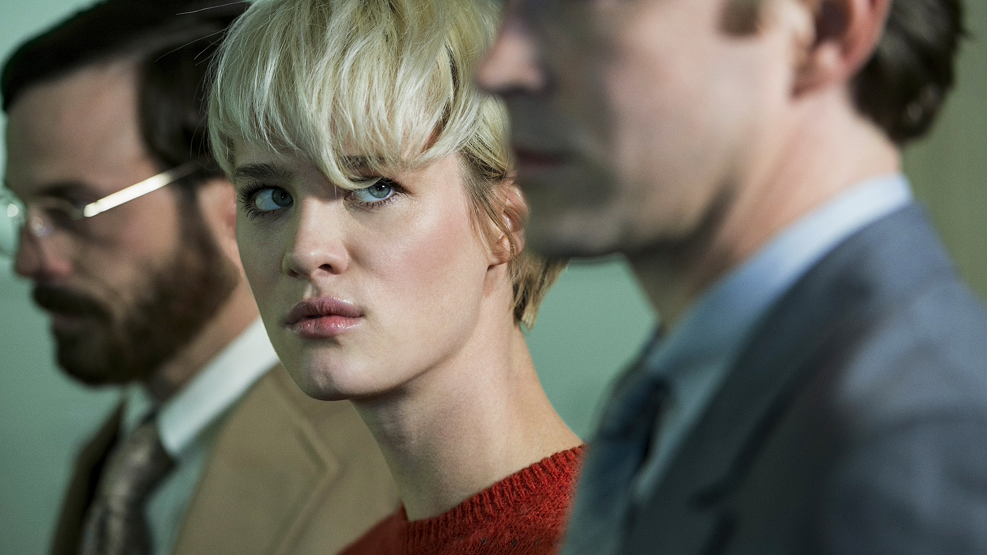 Mackenzie Davis in a red sweater HD Wallpaper