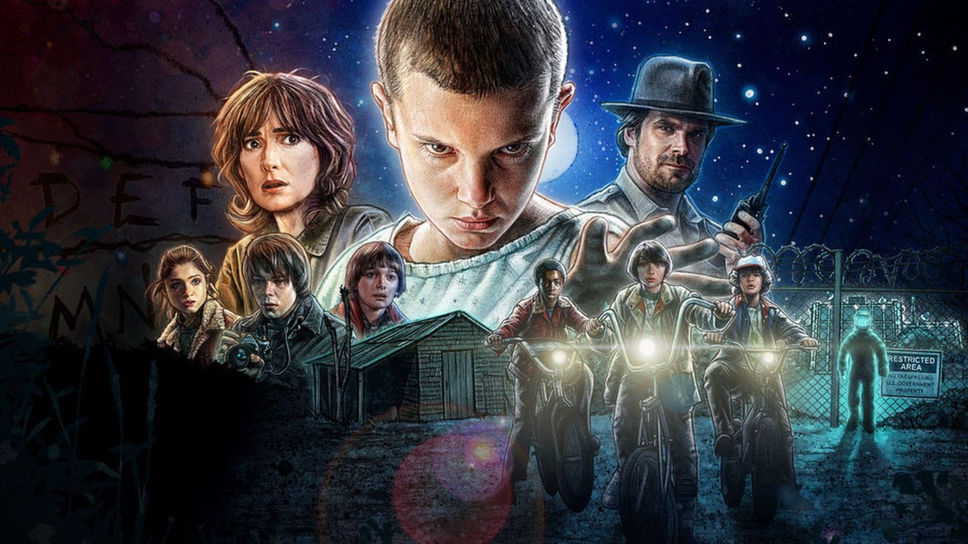 Stranger Things characters Eleven, Hopper, Nancy, Mike, Dustin, Lucas, Will HD Wallpaper