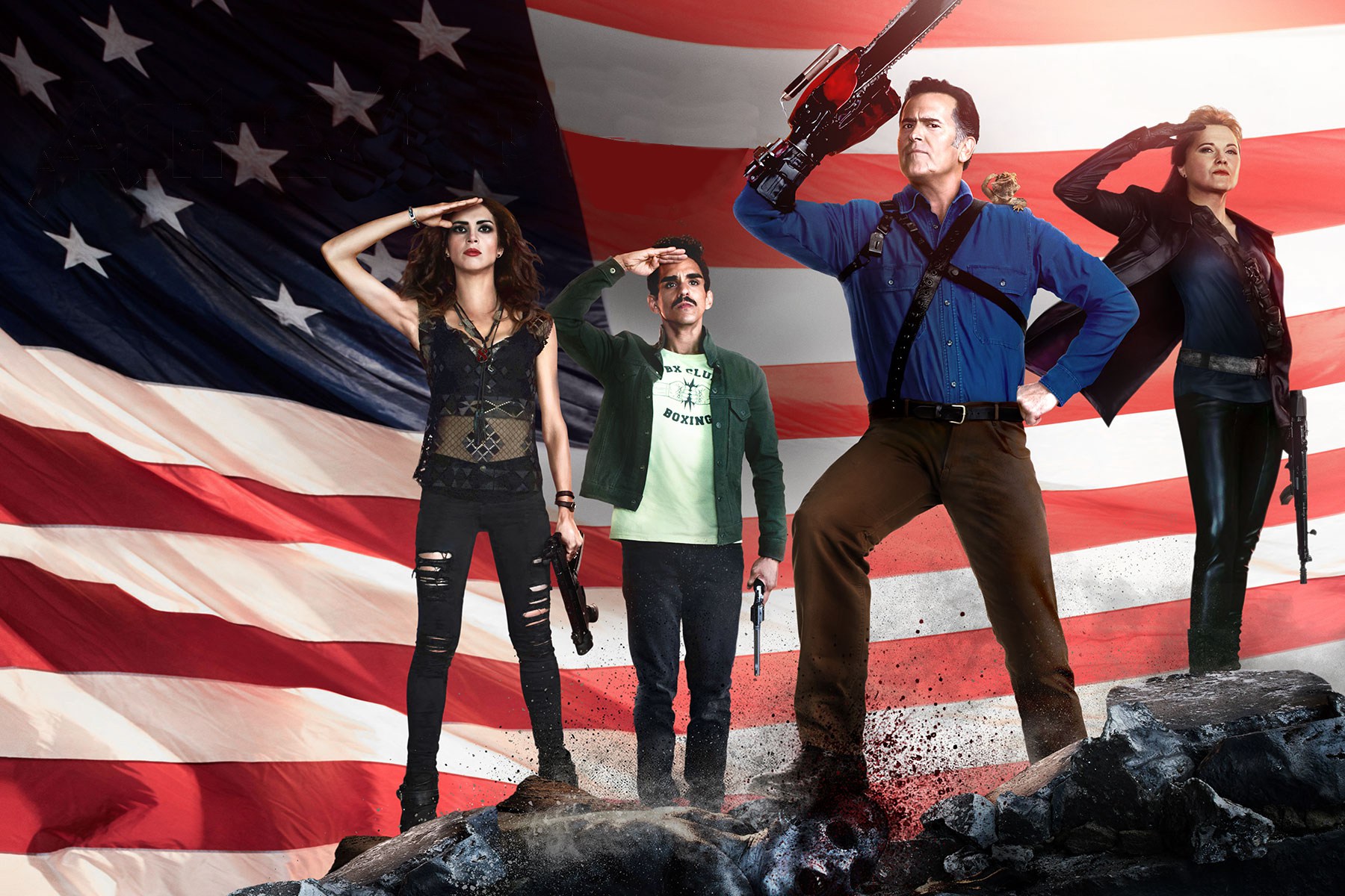 Ash vs Evil Dead characters saluting USA flag HD Wallpaper