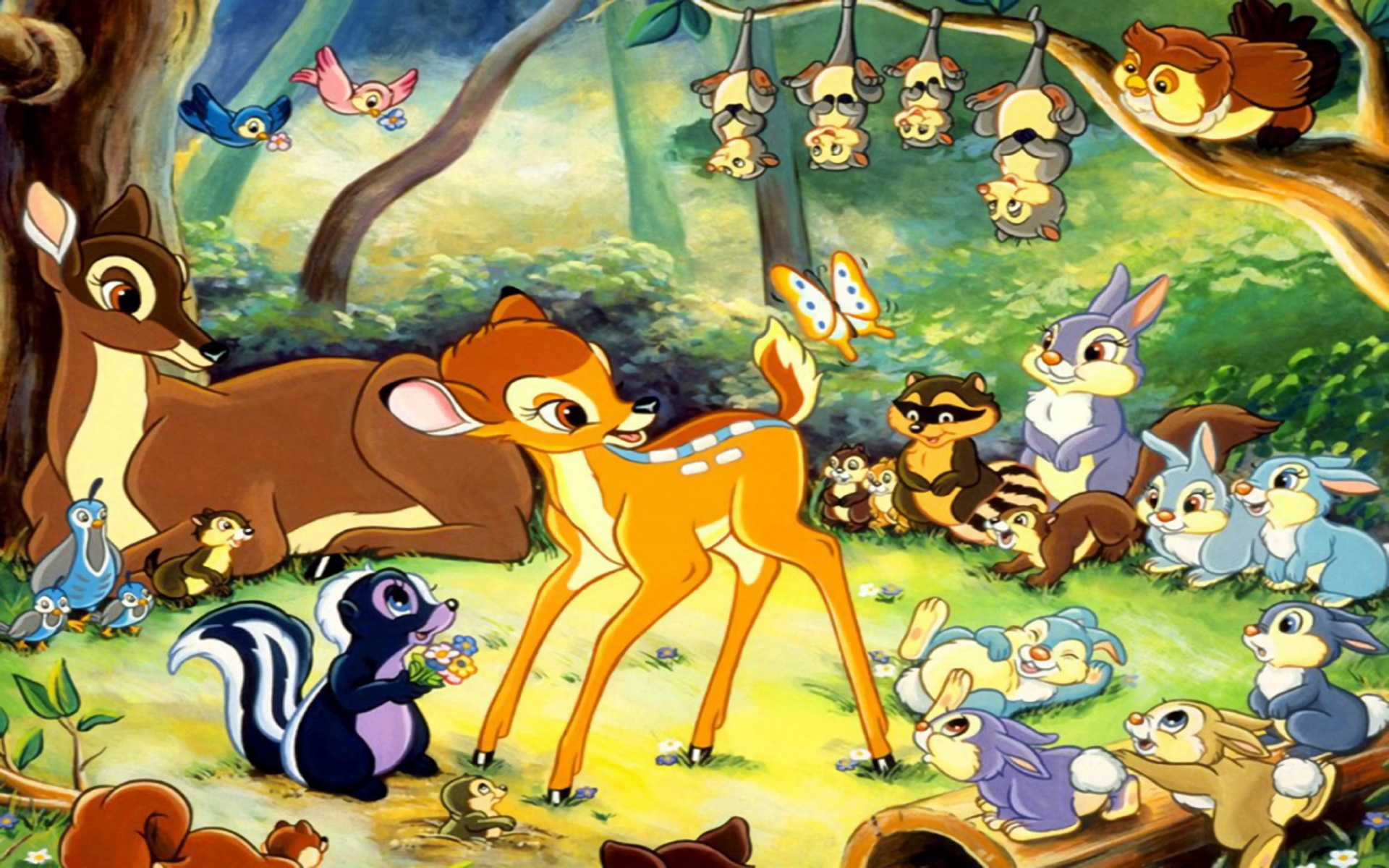 Bambi and friends in a forest HD Wallpaper