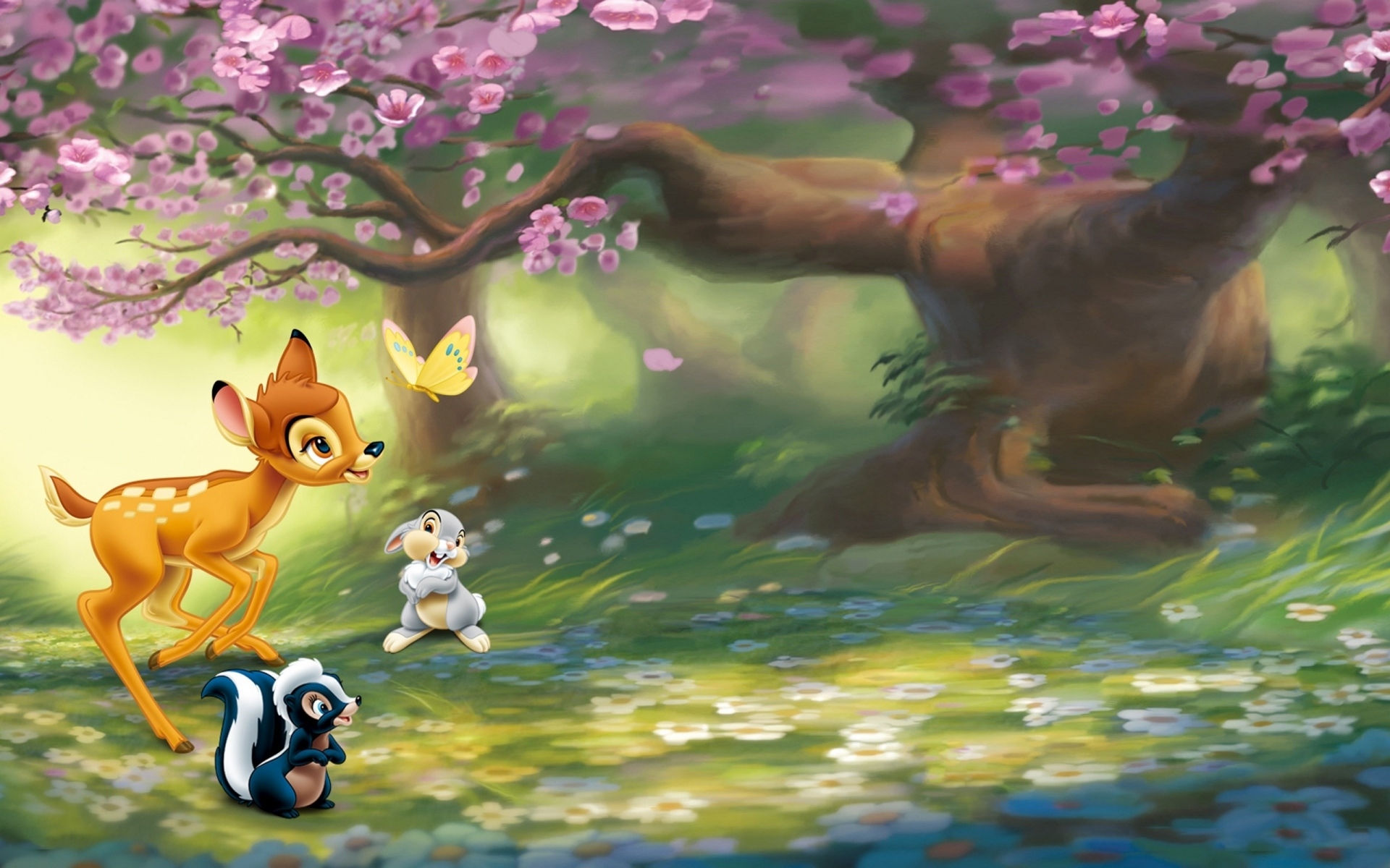 Bambi and friends in a spring forest HD Wallpaper