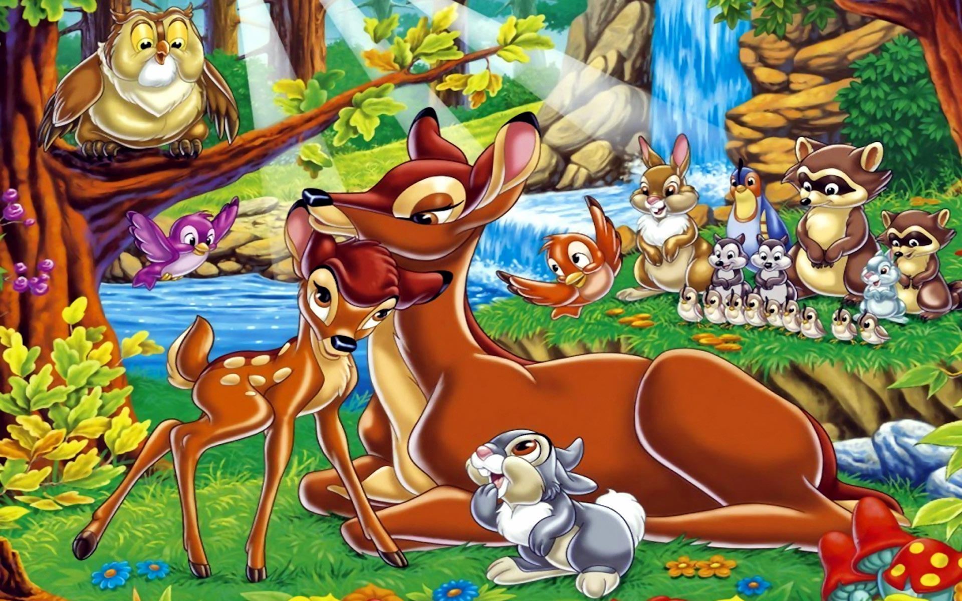 Bambi and friends in a forest HD Wallpaper