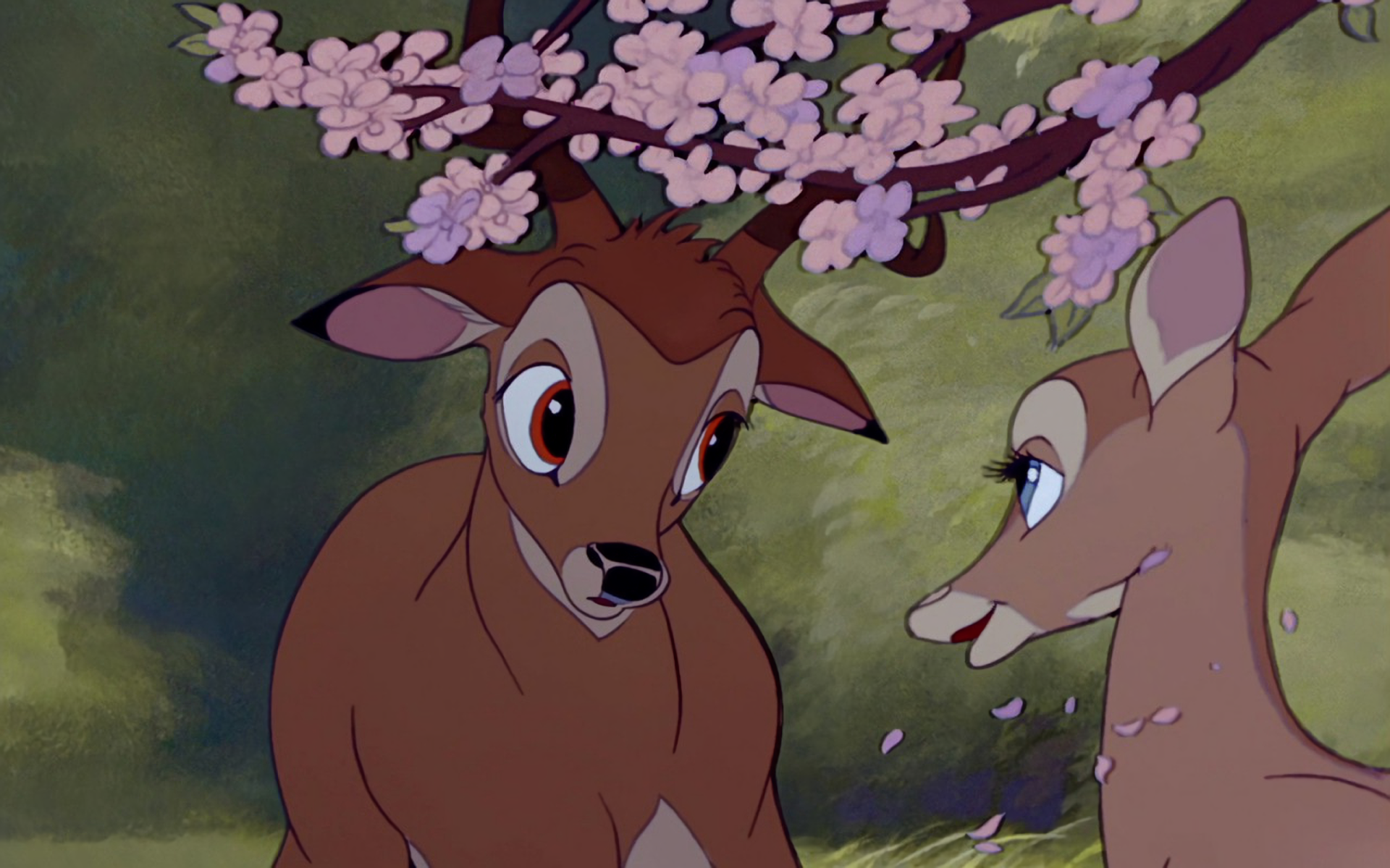 Bambi and Fawn under flowering tree HD Wallpaper