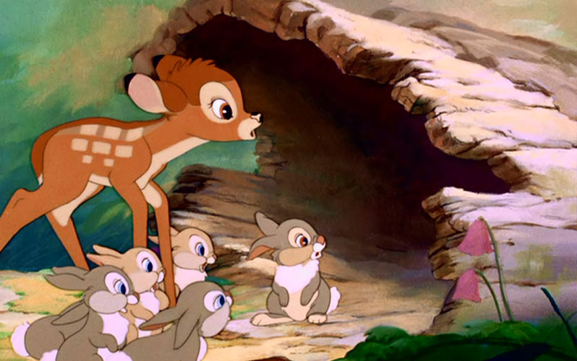 Bambi and rabbits near a log HD Wallpaper