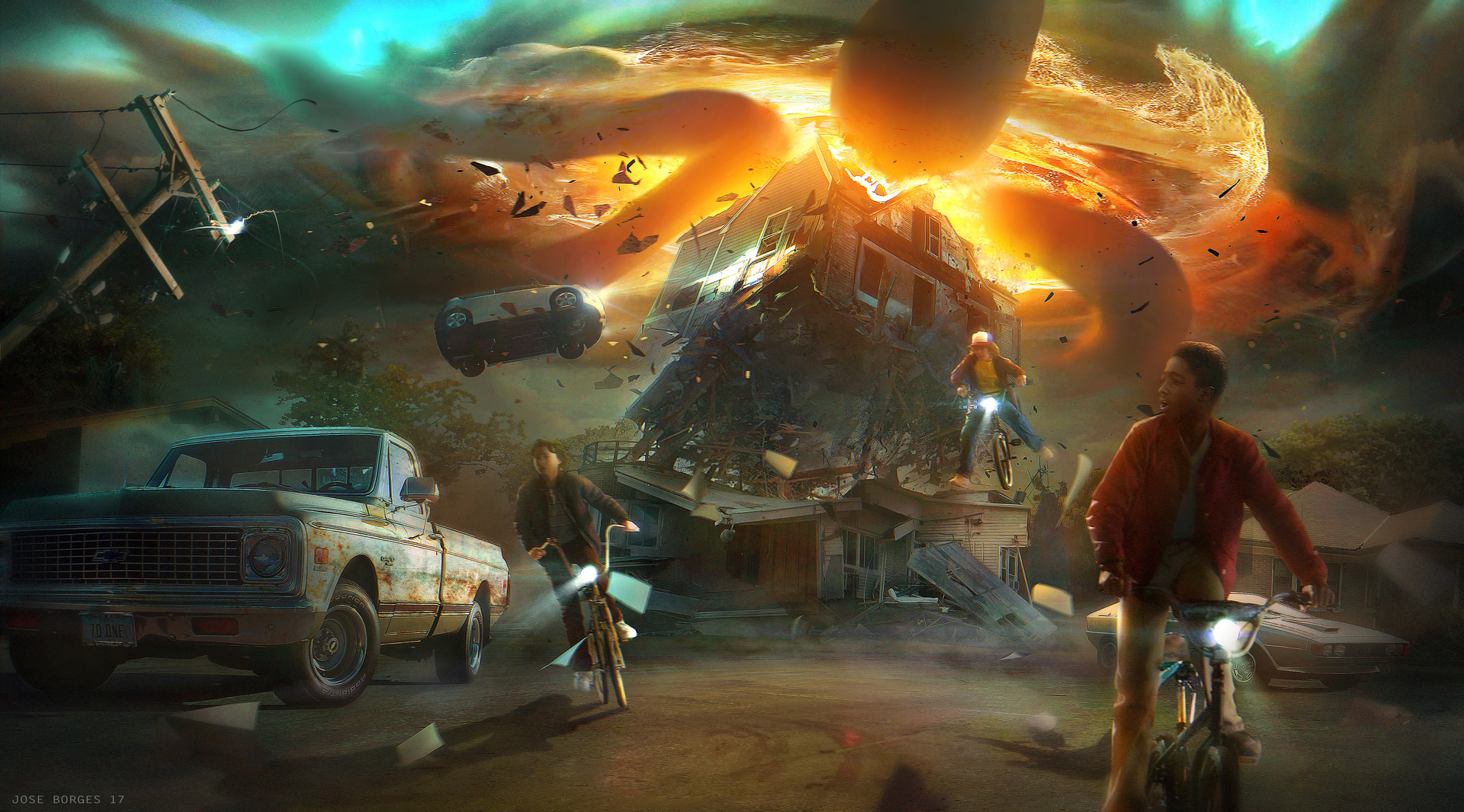 Stranger Things: Dustin Henderson and Friends in a Tornado HD Wallpaper