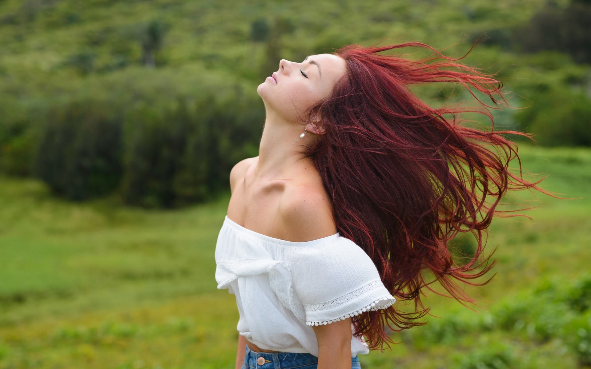Woman with red hair in a white top outdoors HD Wallpaper