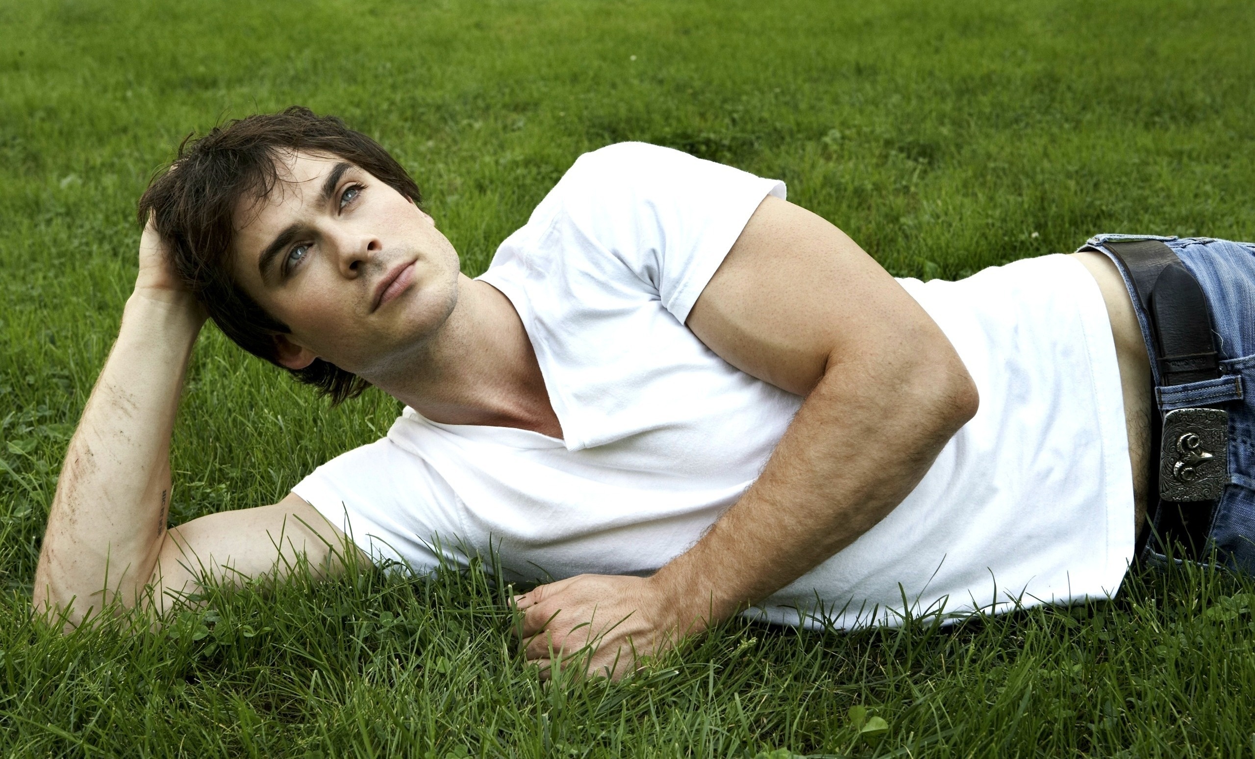 Ian Somerhalder lying on grass HD Wallpaper