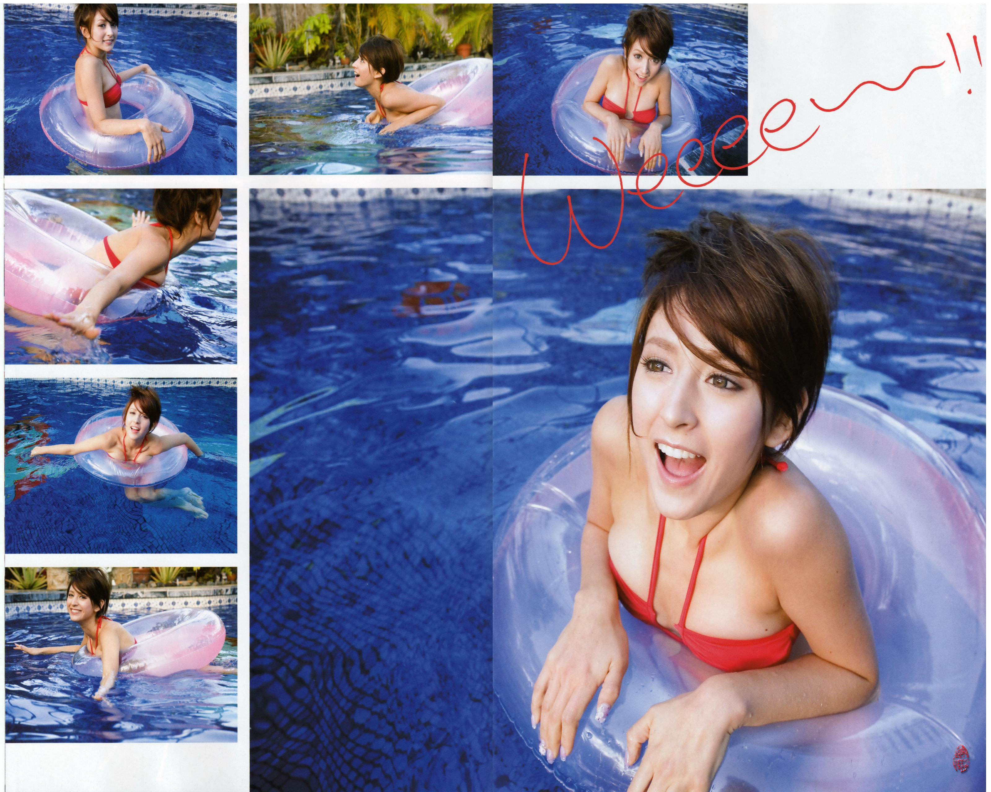 Leah Dizon in a swimming pool with inflatable rings HD Wallpaper