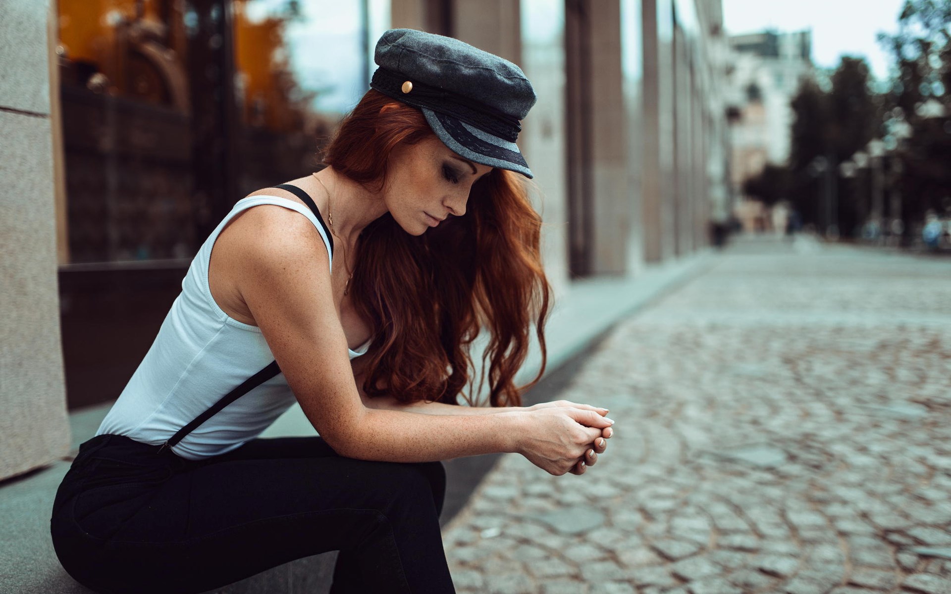 Woman with red hair wearing a cap and white tank top HD Wallpaper