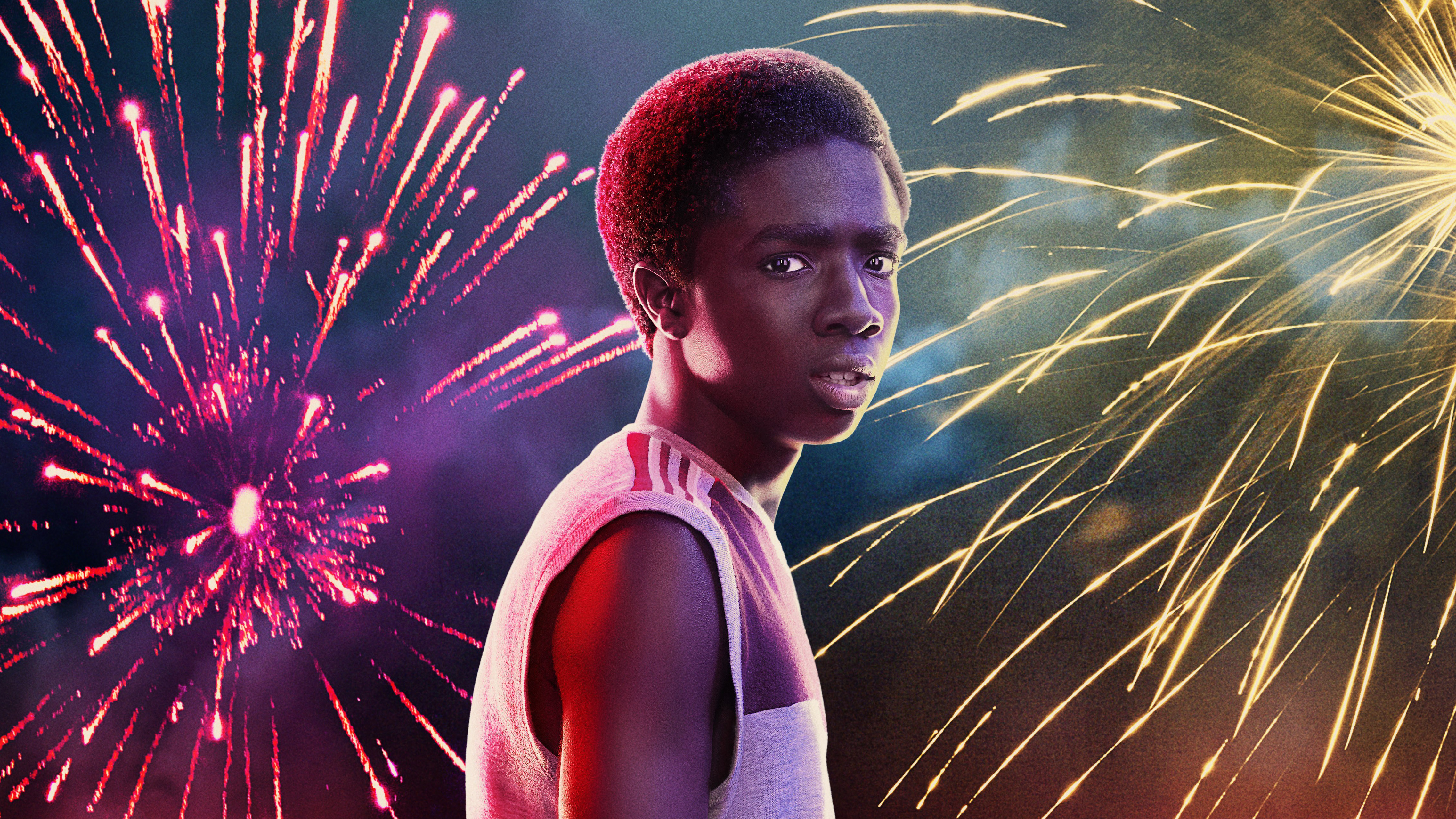 Lucas Sinclair from Stranger Things with Fireworks HD Wallpaper