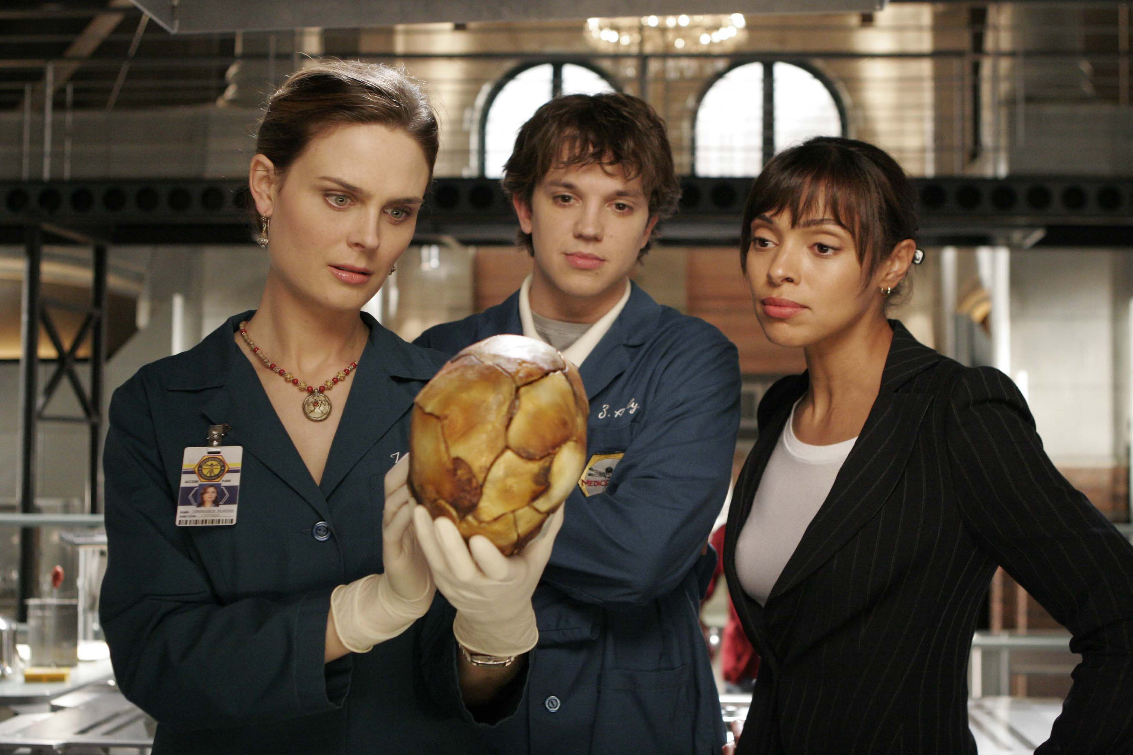 Dr. Brennan, Zack Addy, and Angela Montenegro examine a skull HD Wallpaper
