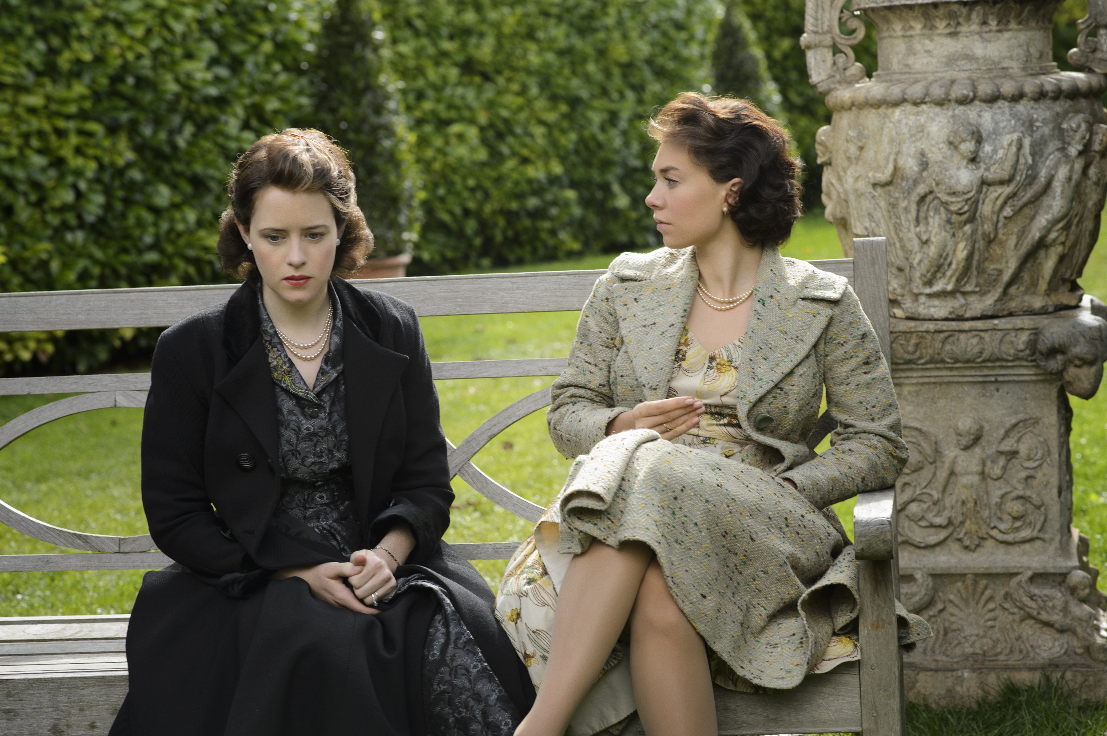 Claire Foy and another woman on a bench HD Wallpaper