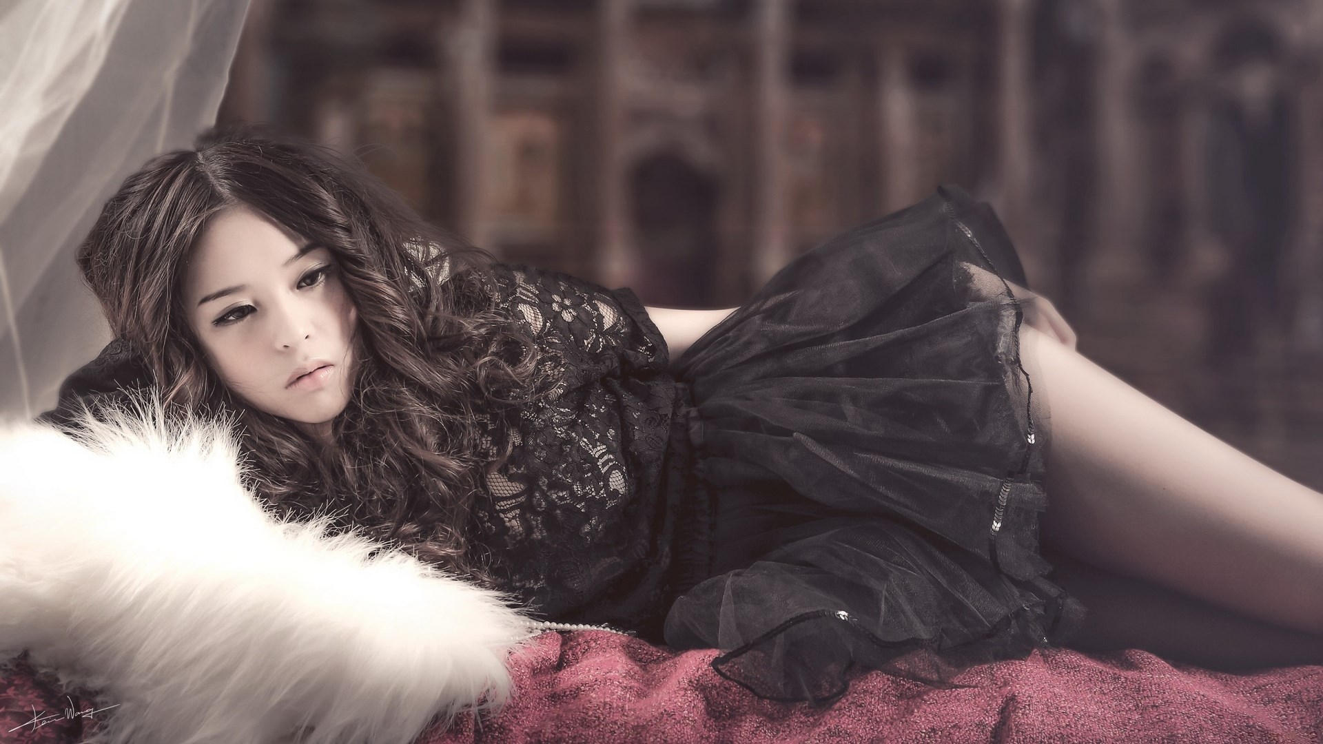 Woman in black lace dress lying on bed HD Wallpaper