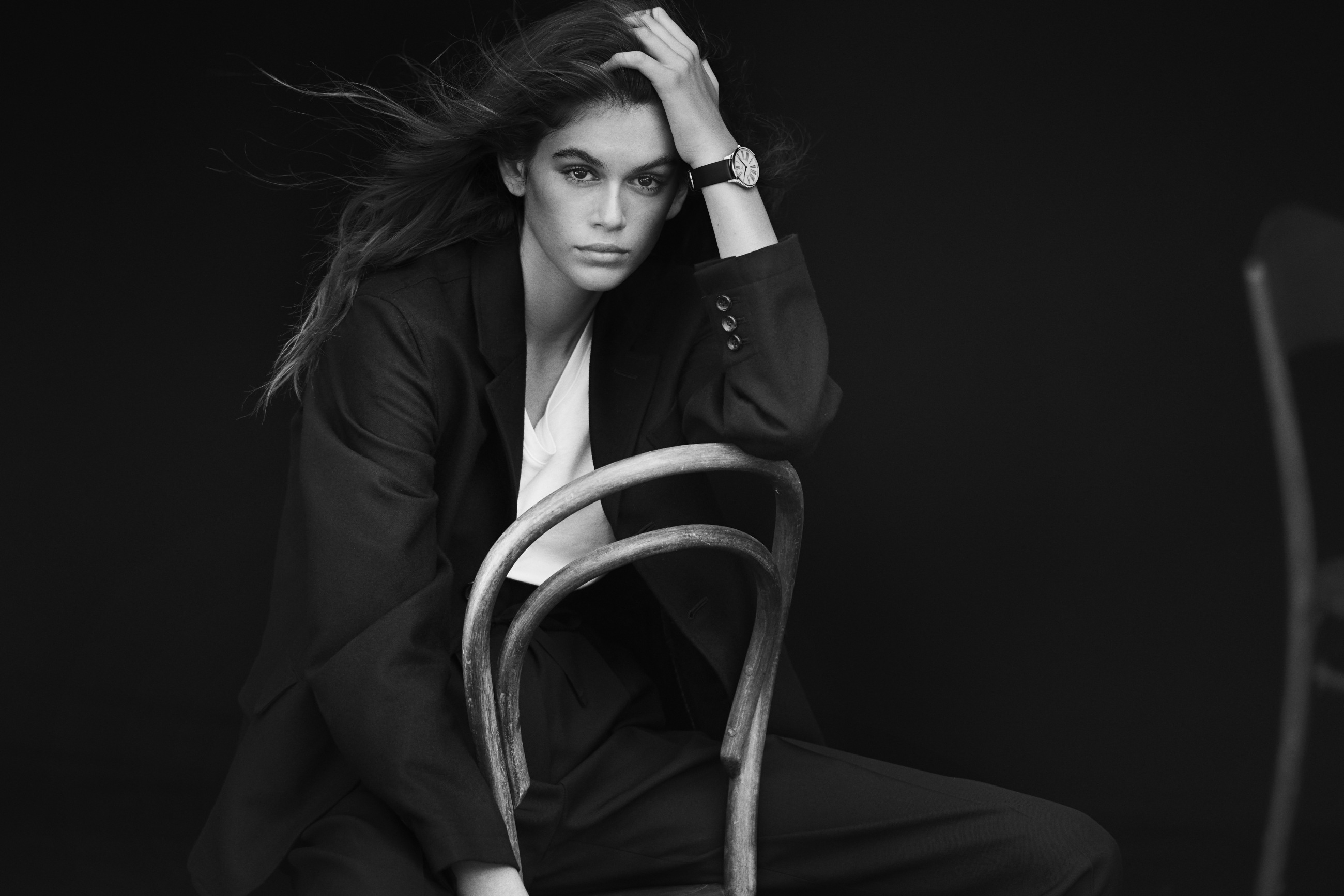 Kaia Gerber in a black suit HD Wallpaper