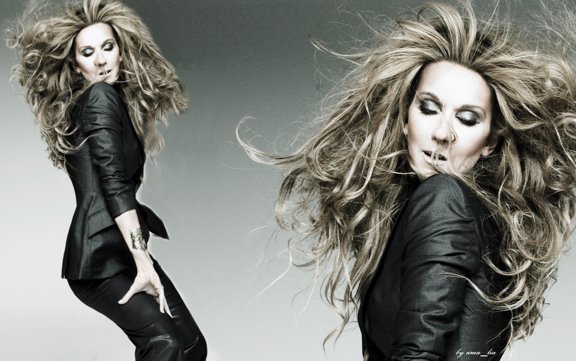Celine Dion in a black suit HD Wallpaper