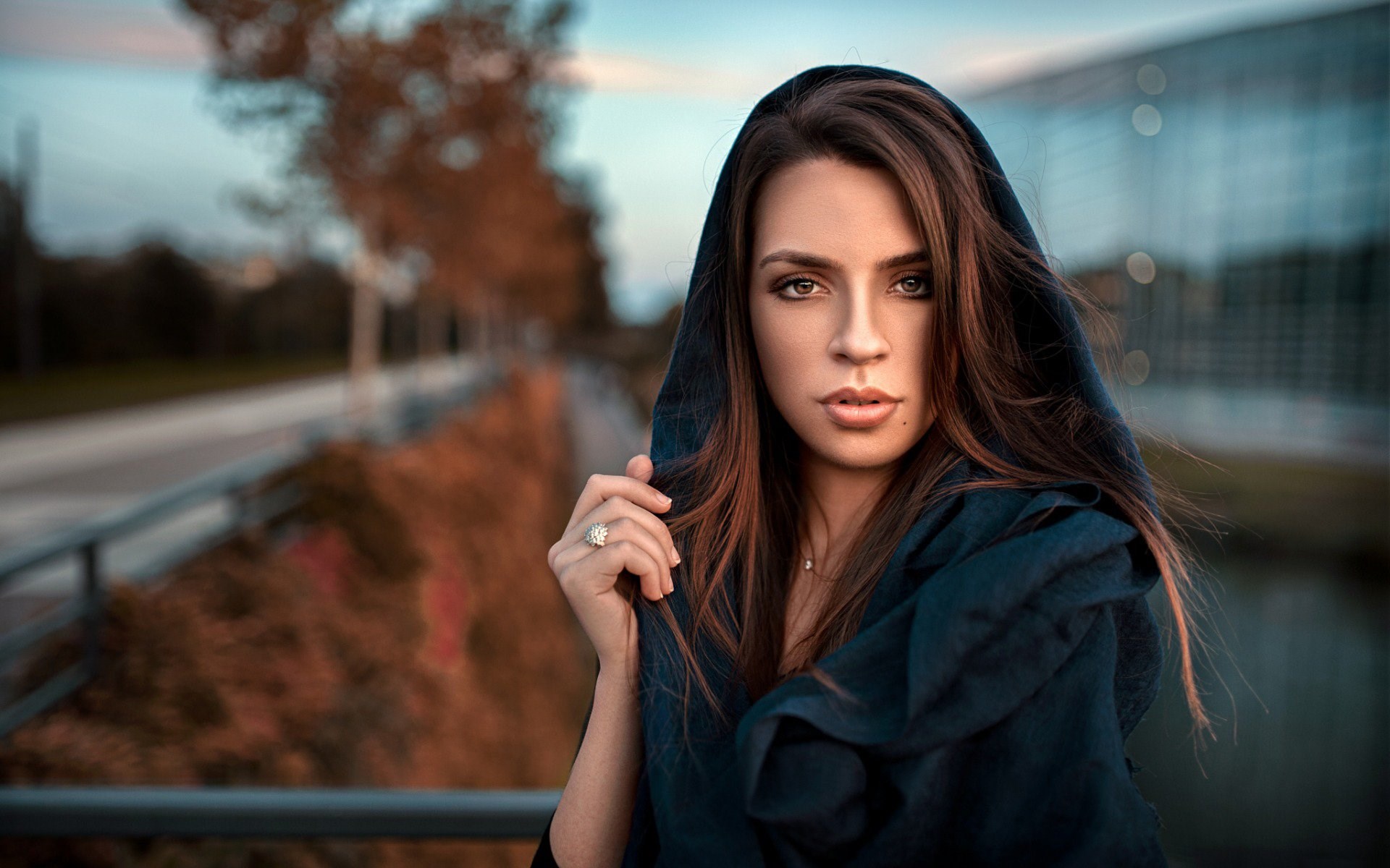 Woman with dark hood and ring HD Wallpaper