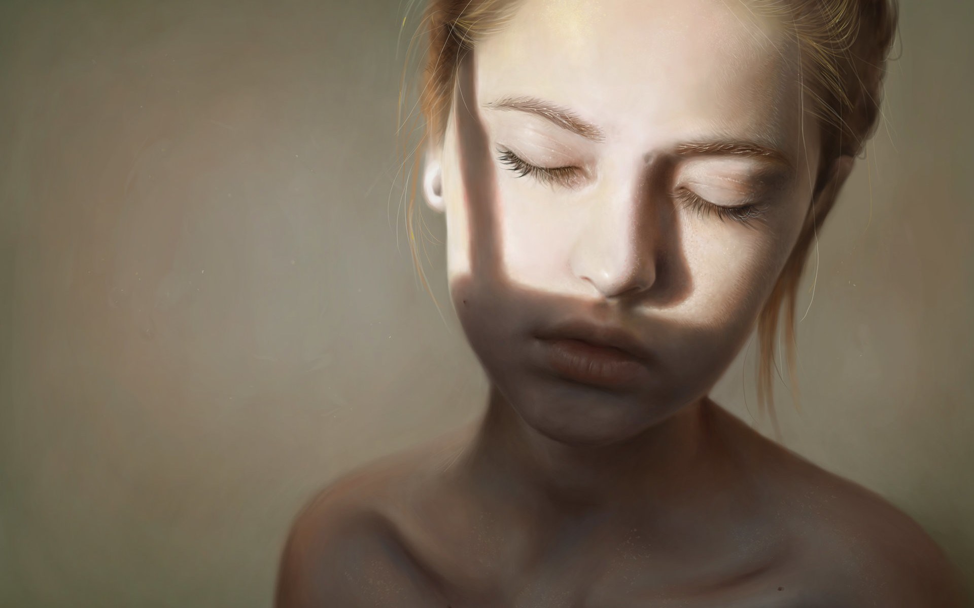 Young woman with light and shadow on face HD Wallpaper