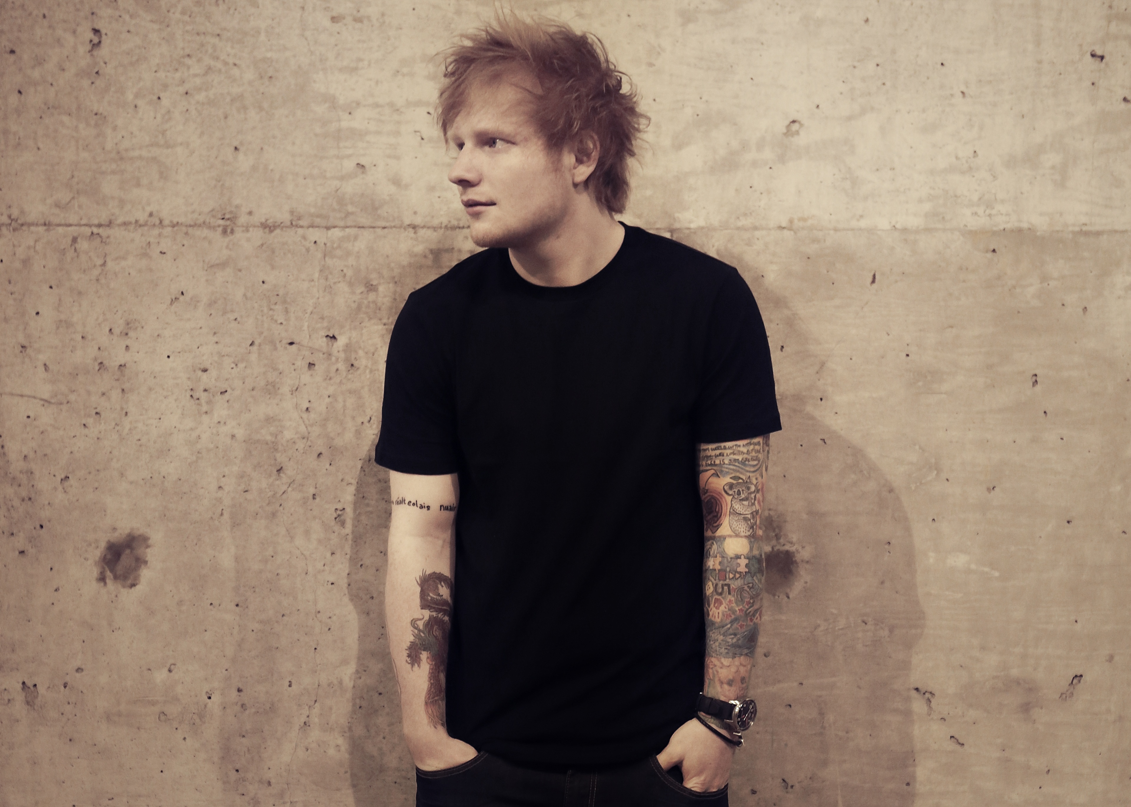 Ed Sheeran standing against a concrete wall HD Wallpaper