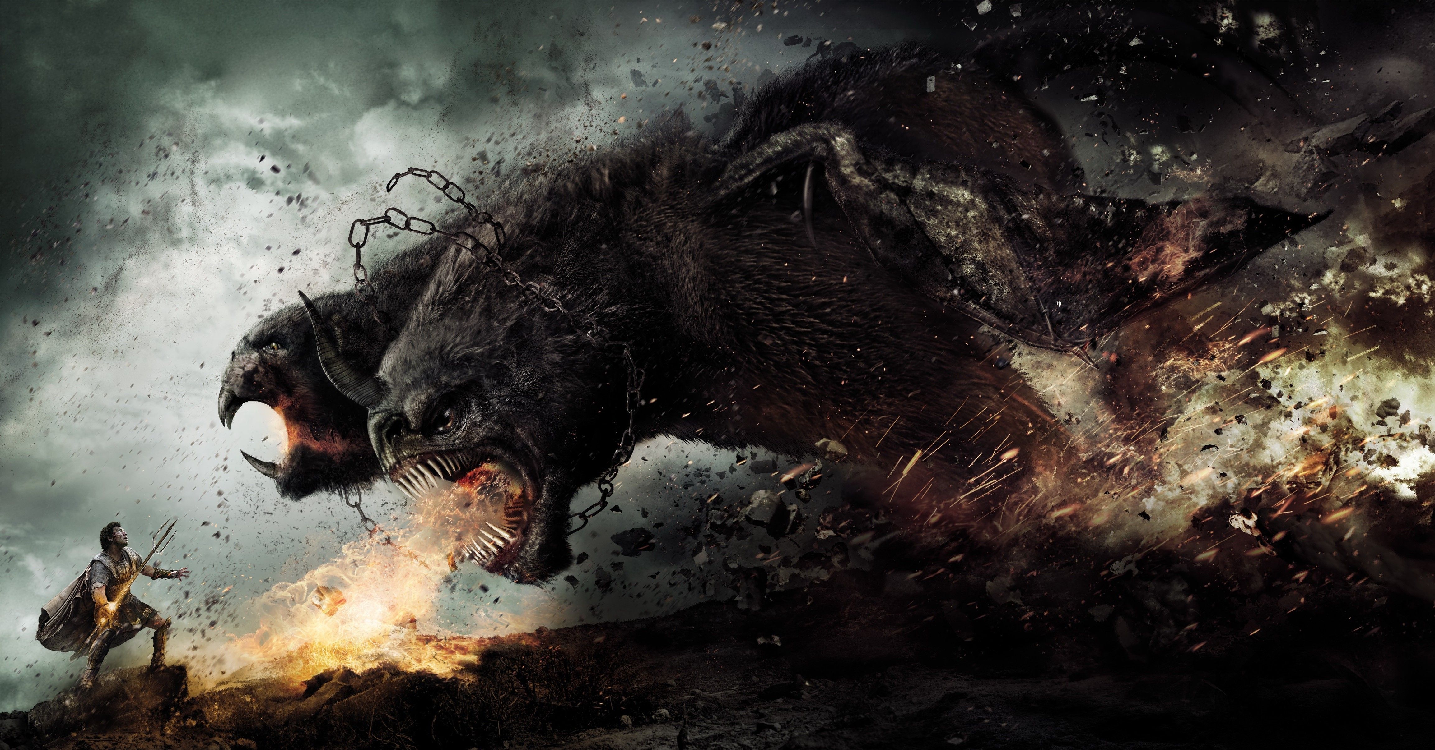 Sam Worthington fighting a three-headed dog HD Wallpaper