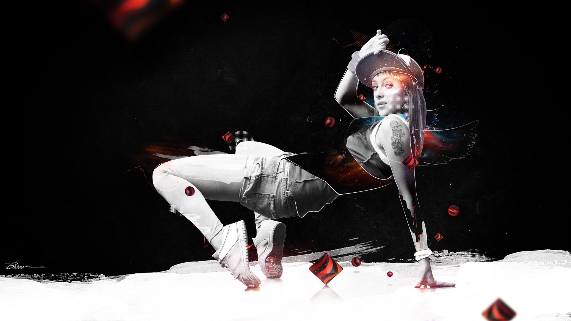 Woman in shorts and cap dancing with abstract elements HD Wallpaper