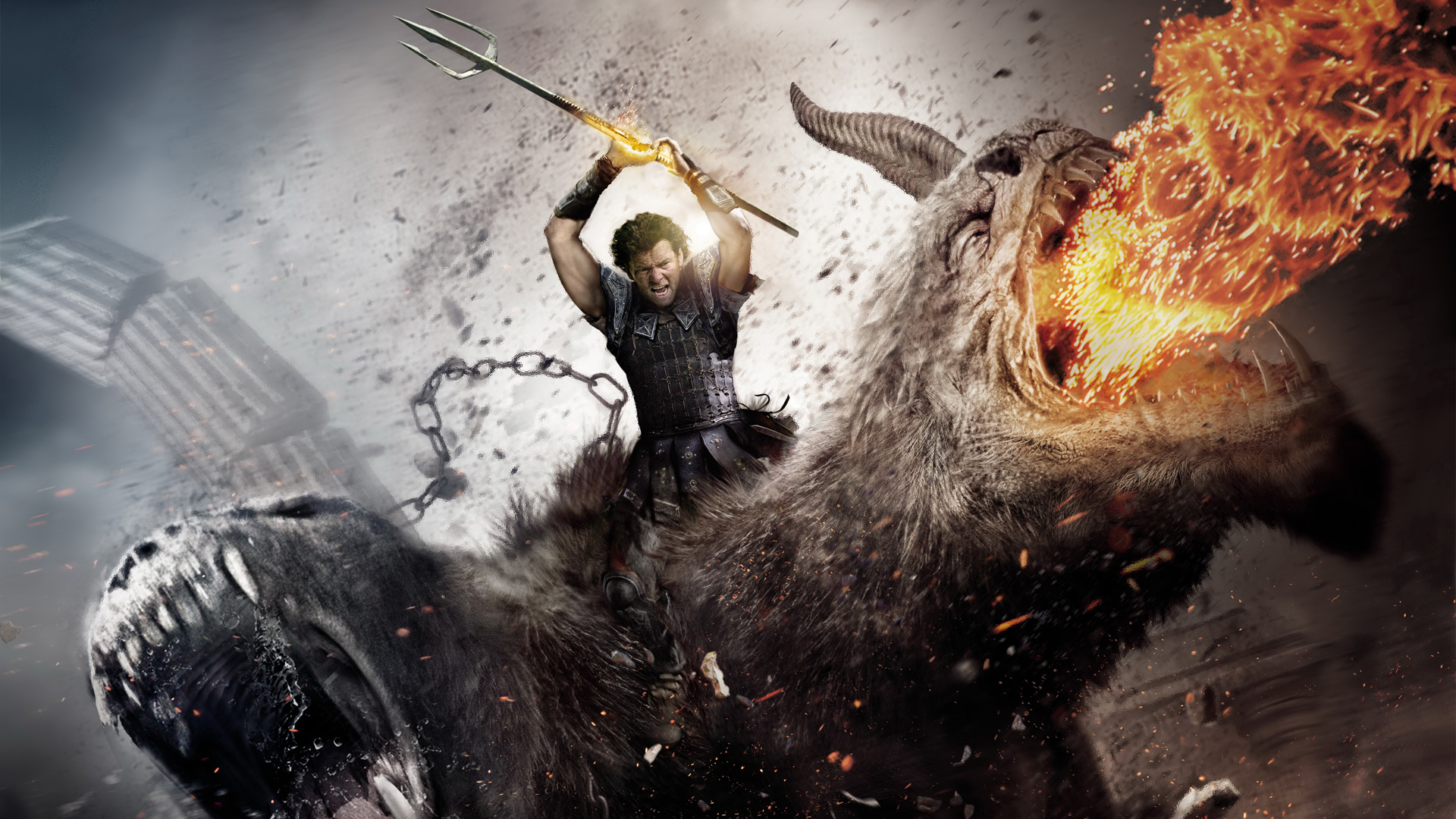 Perseus riding a Chimera breathing fire HD Wallpaper