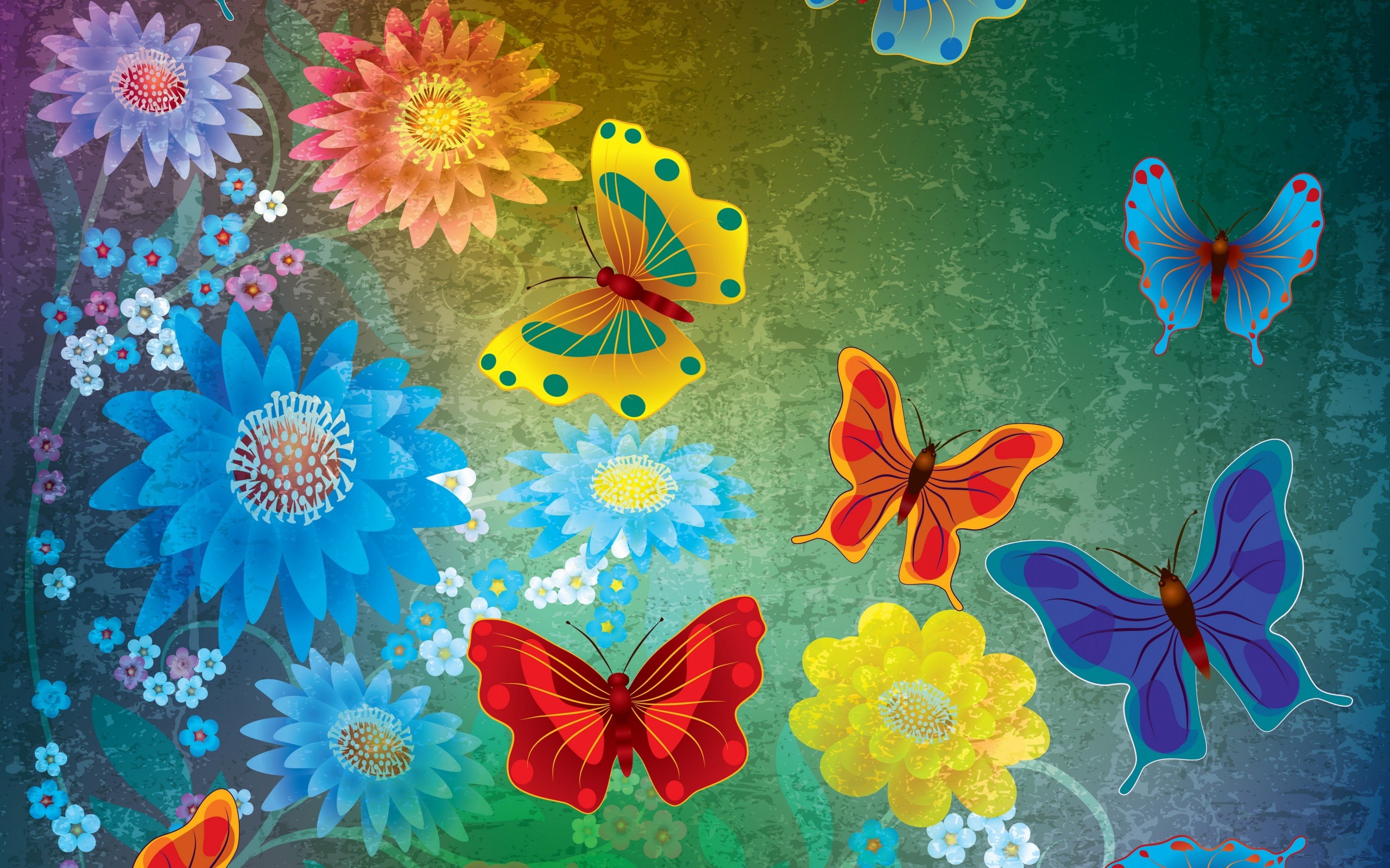 Colorful butterflies and flowers on a textured background HD Wallpaper