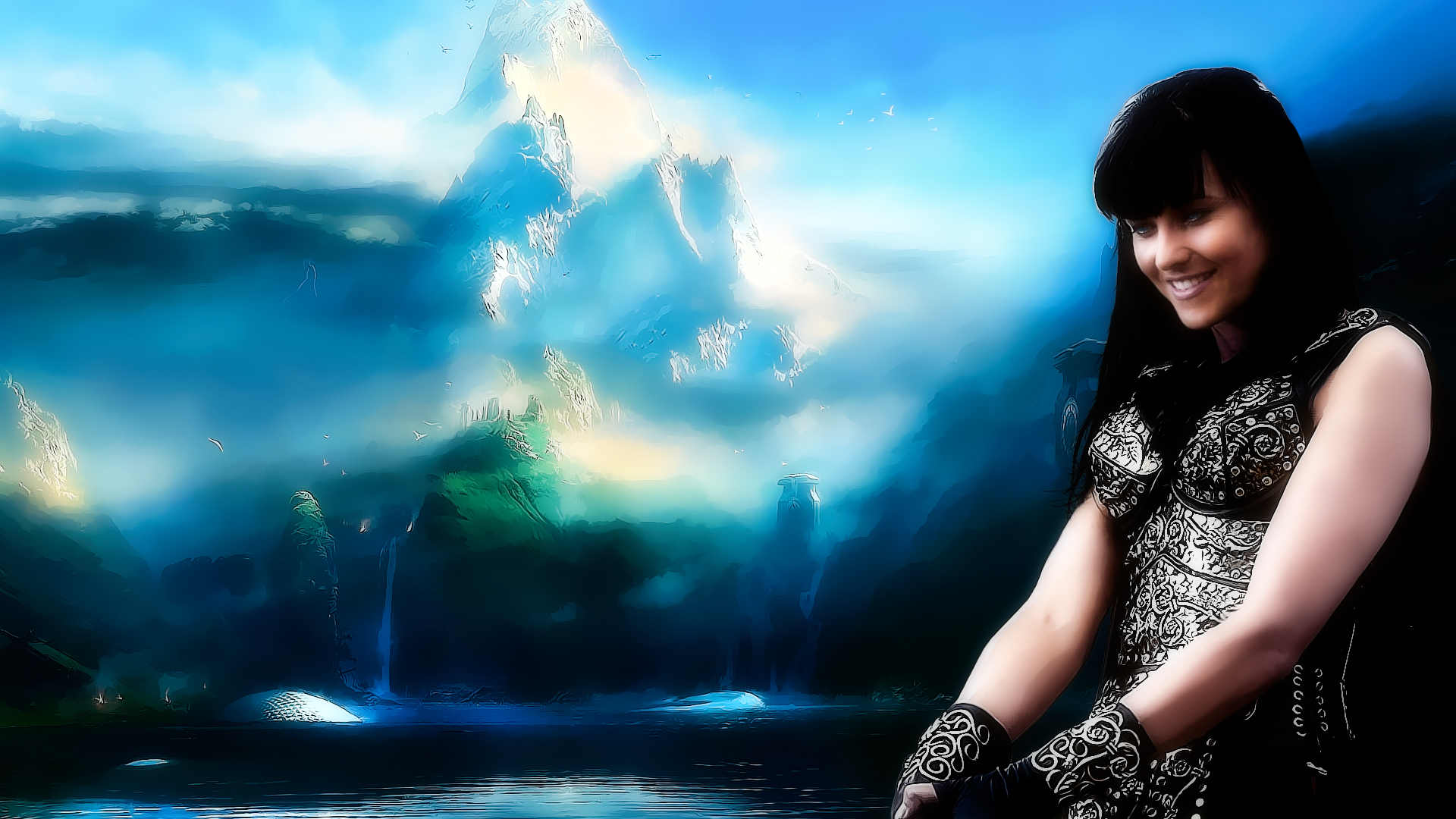 Lucy Lawless in fantasy landscape HD Wallpaper