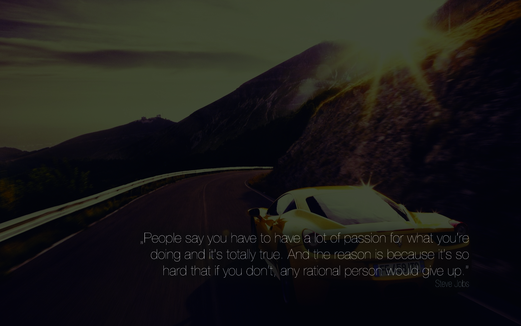 Steve Jobs quote on a winding road with a sports car HD Wallpaper