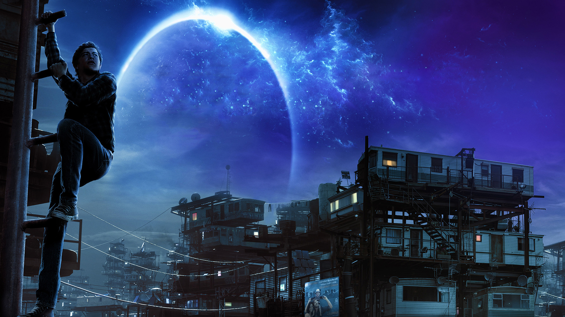Tye Sheridan climbing ladder with planet eclipse background HD Wallpaper
