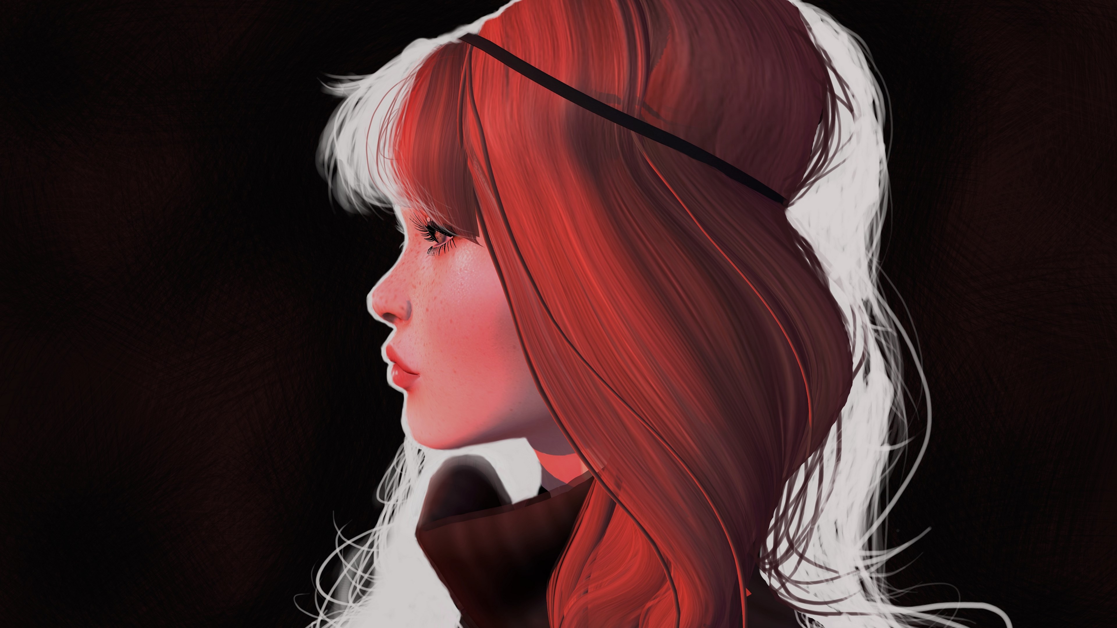 Woman with red and white hair in profile HD Wallpaper